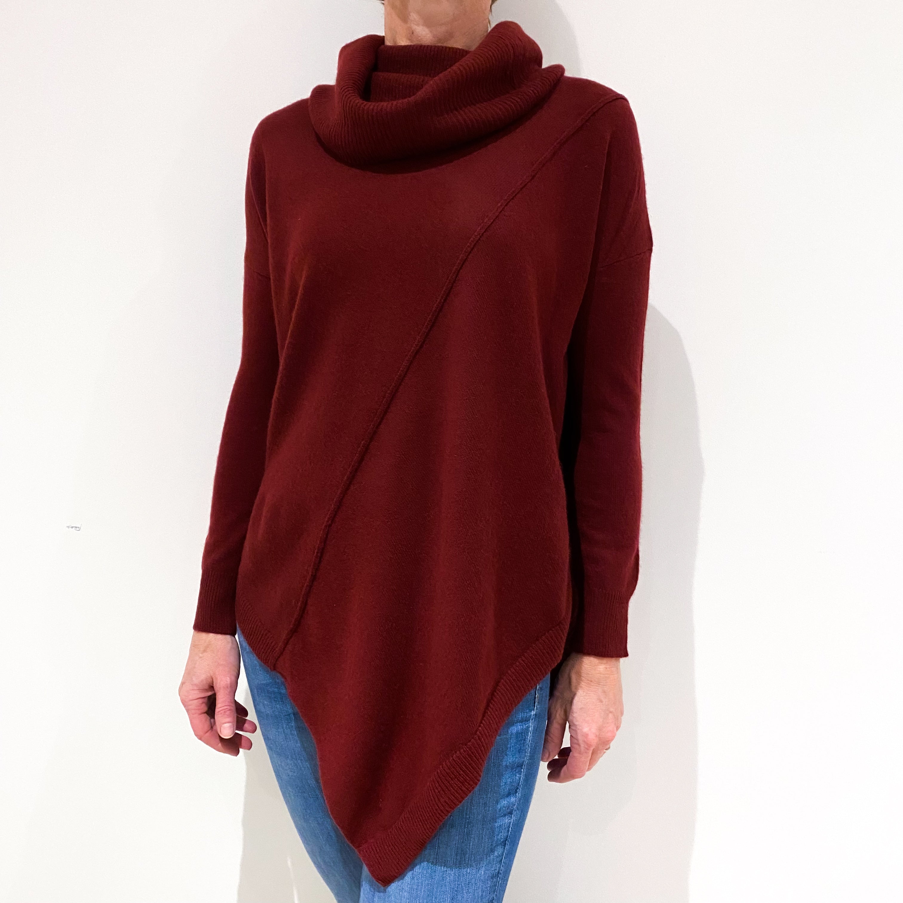 Wine Red Asymmetric Hem Cashmere Cowl Neck Jumper Small