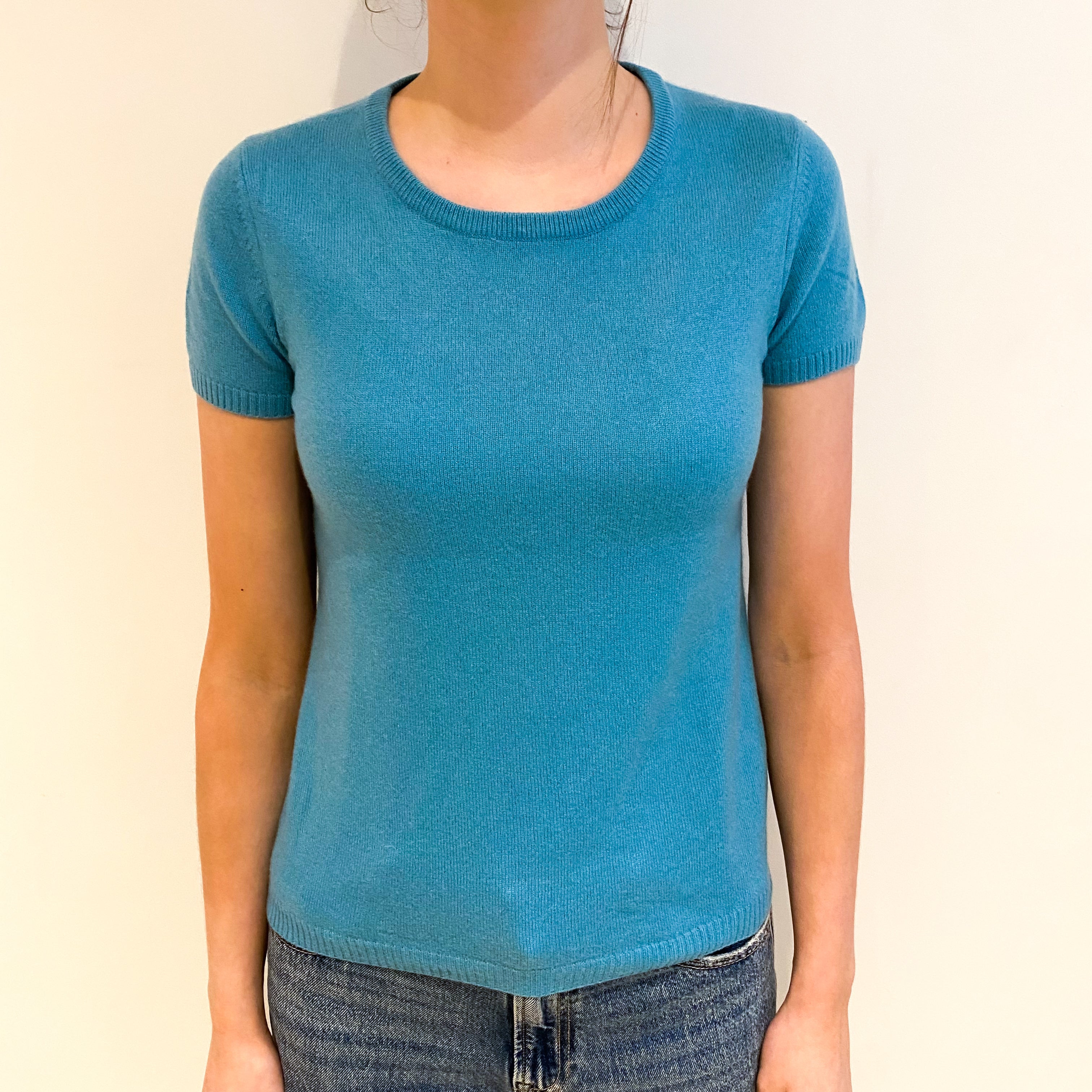 Aqua Blue Cashmere Crew Neck Short Sleeved Jumper Extra Small