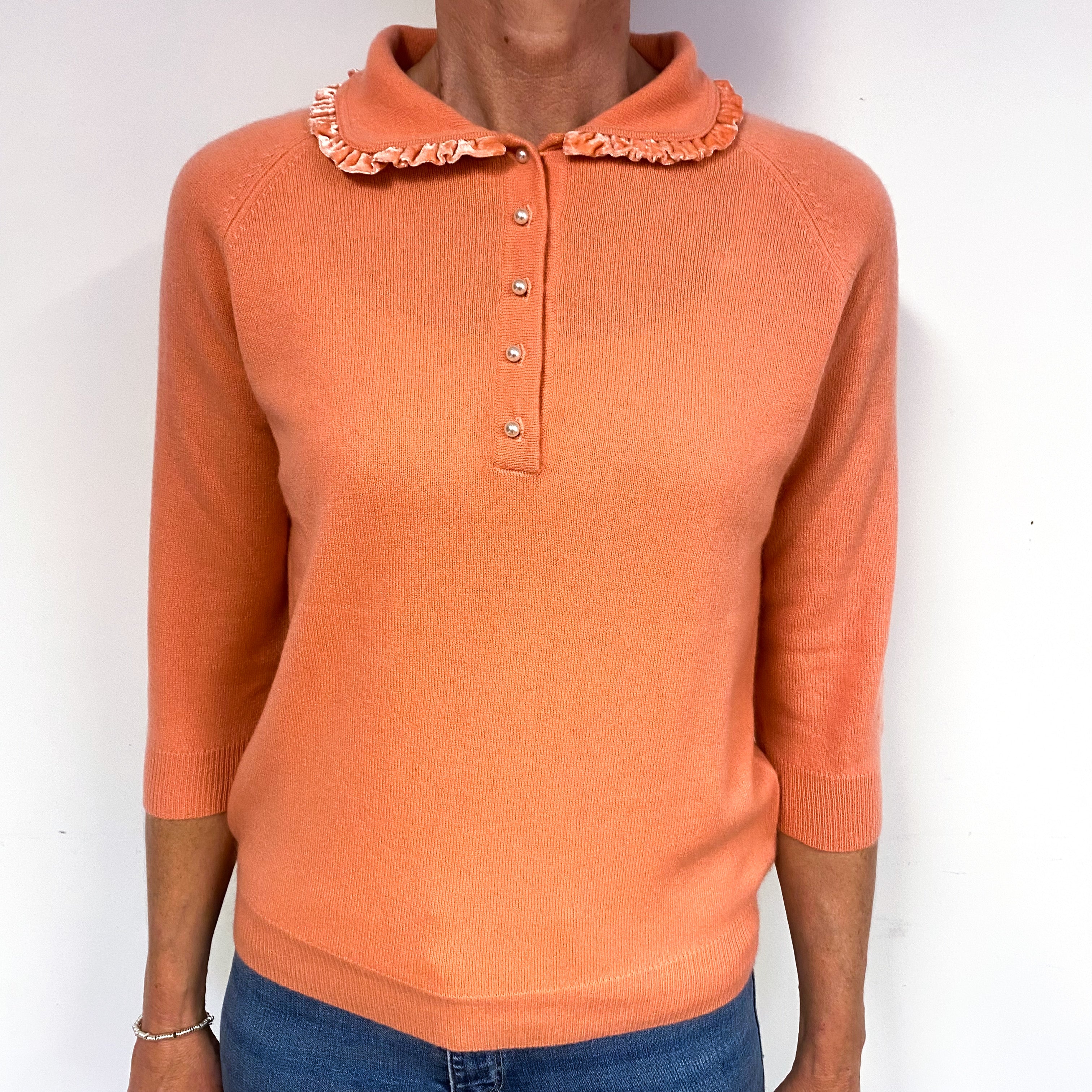 Coral Orange Cashmere Velvet Trim Collared Jumper Medium