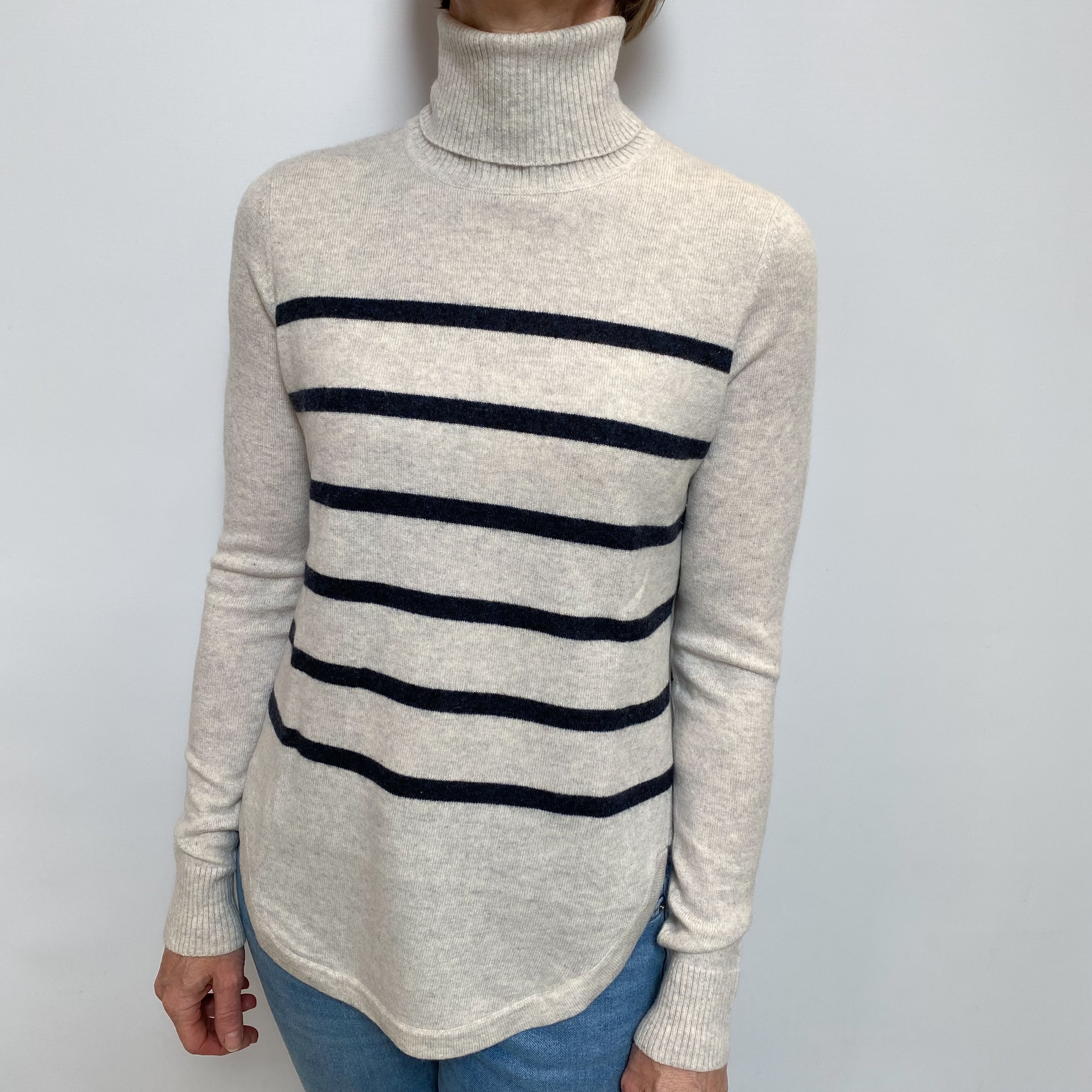 Frost Grey Stripe Cashmere Polo Neck Jumper Small