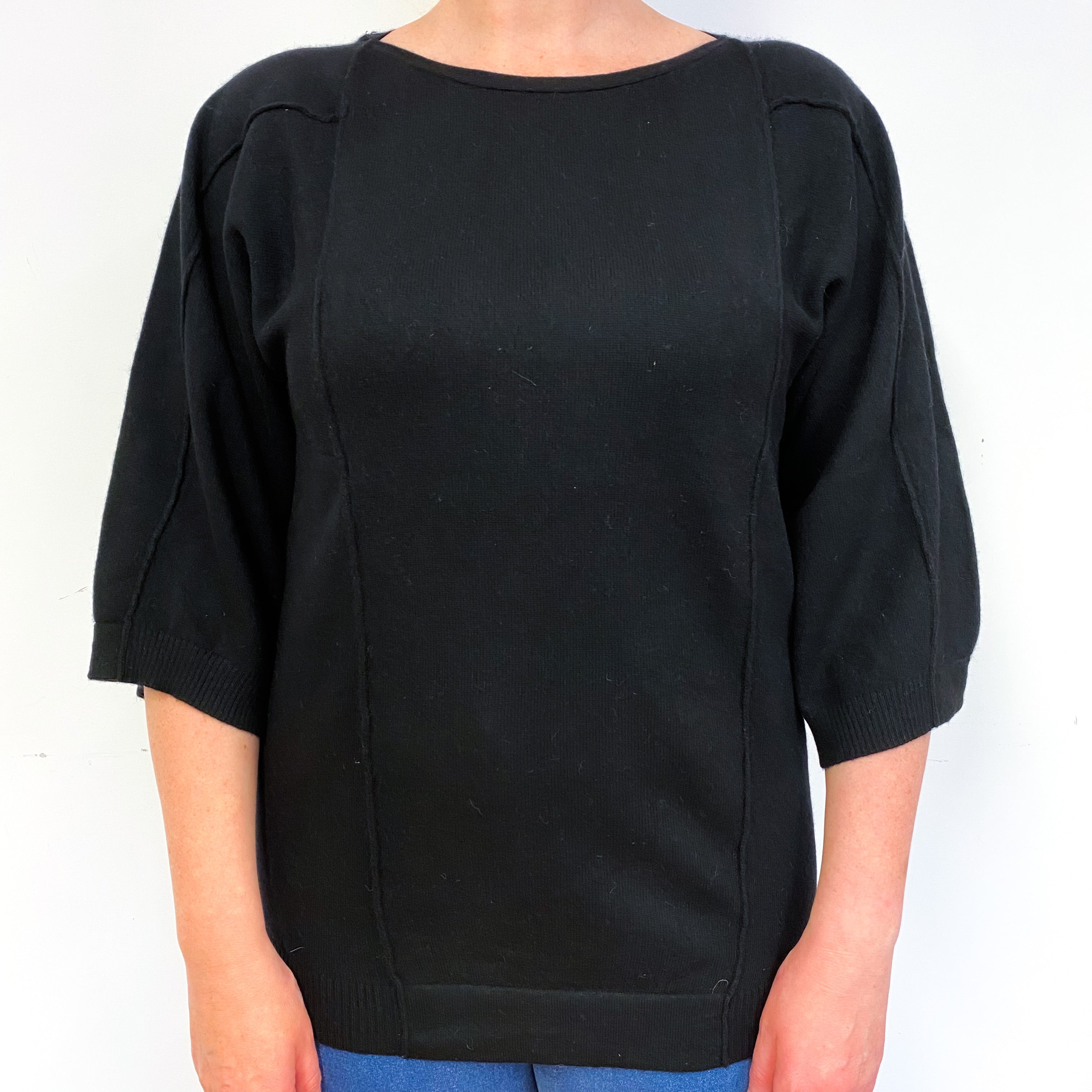 Black Loose 3/4 Sleeve Cashmere Crew Neck Jumper Large