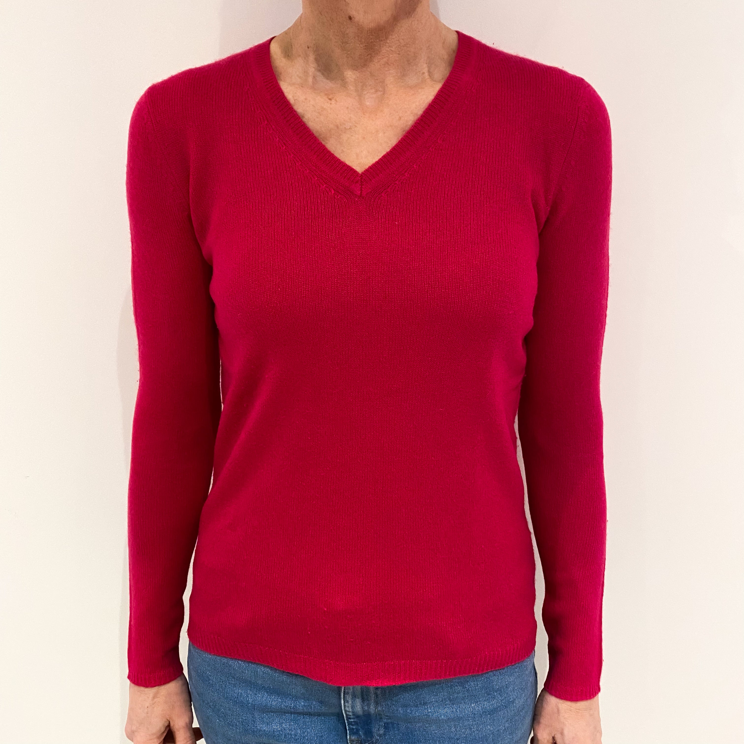 Fuchsia Pink Cashmere V Neck Jumper Small