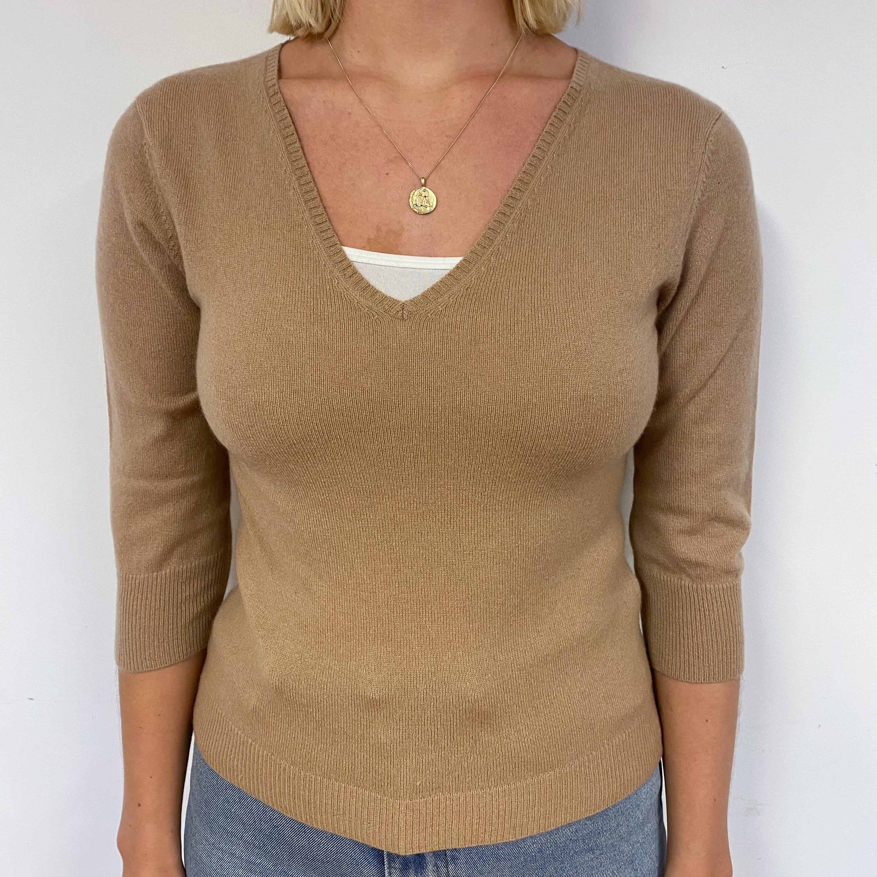 Camel Brown 3/4 Sleeve Cashmere V-Neck Jumper Small