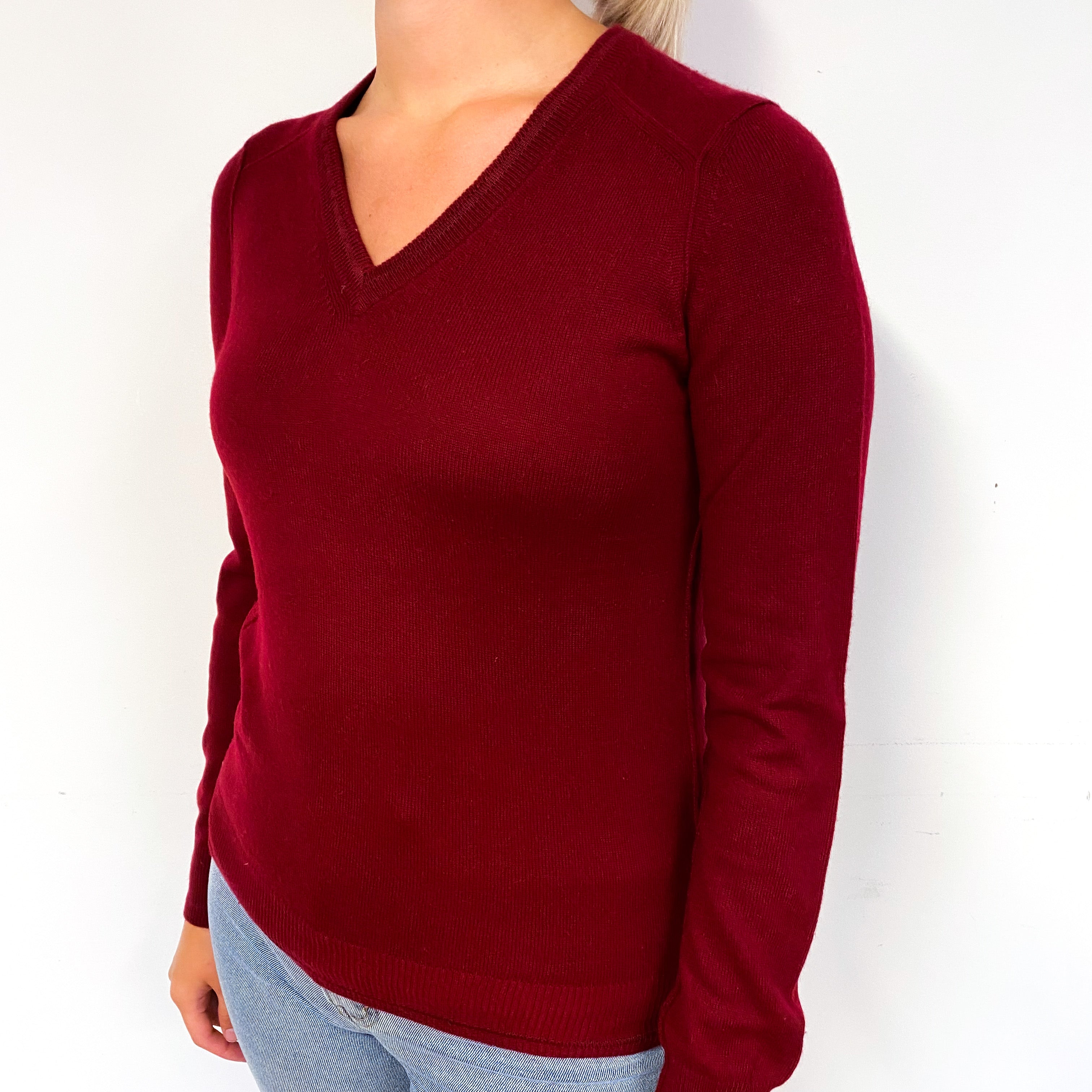 Burgundy Red Cashmere V-Neck Jumper Small