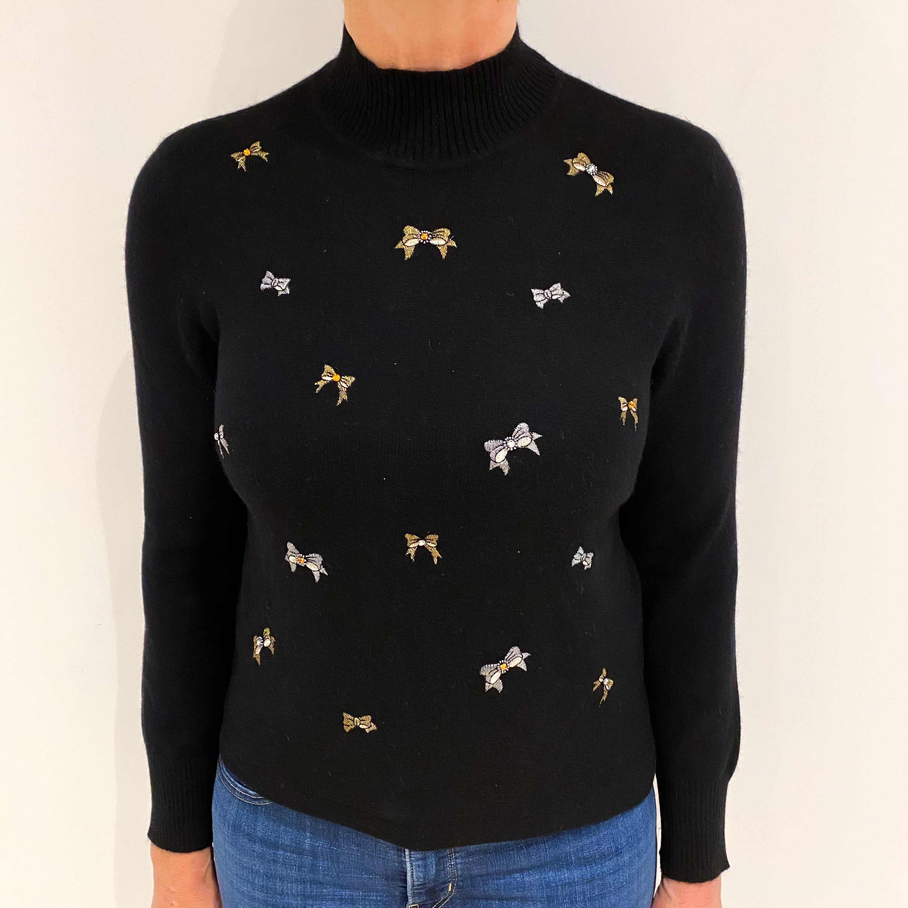 Black Bow Pattern Cashmere Turtle Neck Jumper Medium