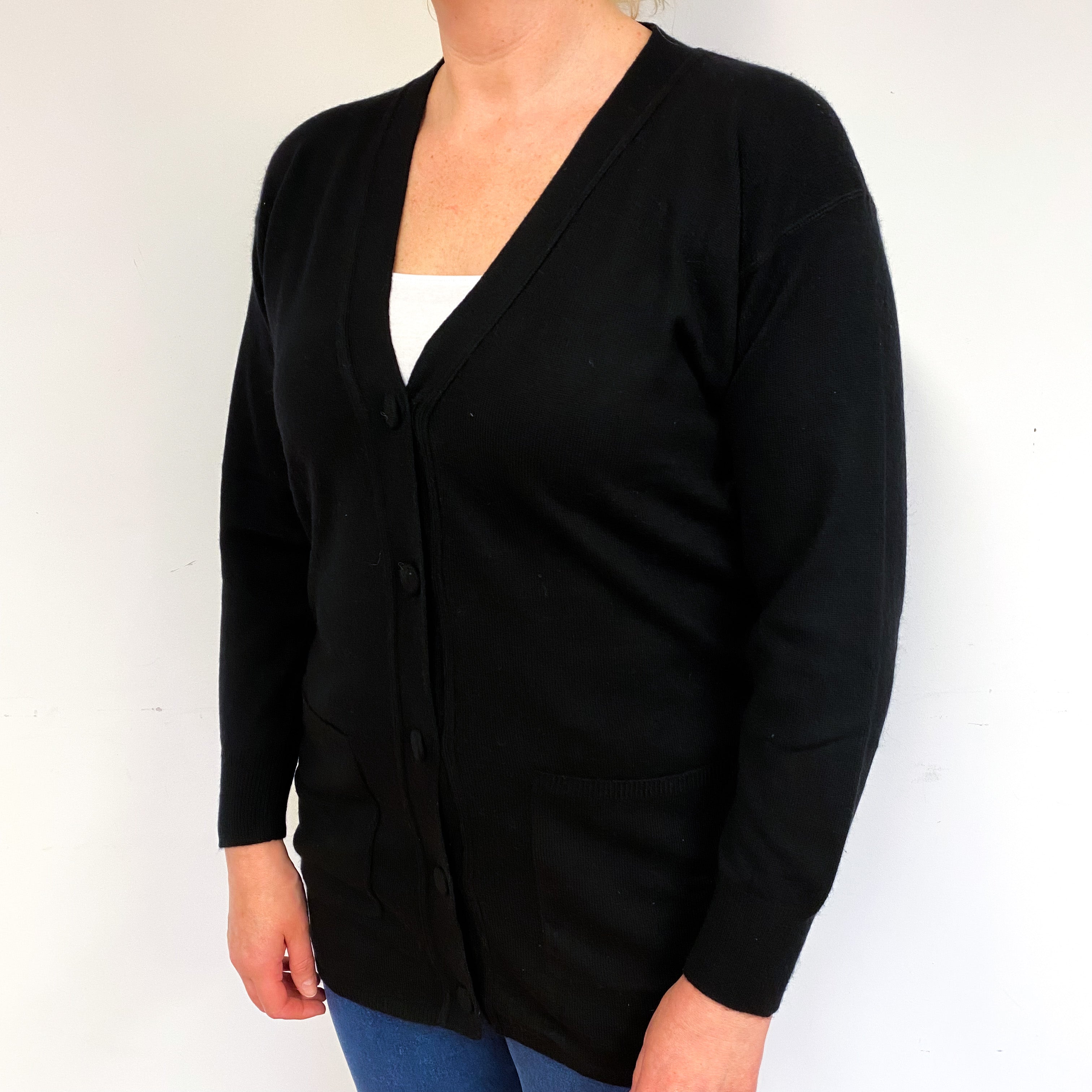 Black Cashmere V-Neck Cardigan with Pockets Large