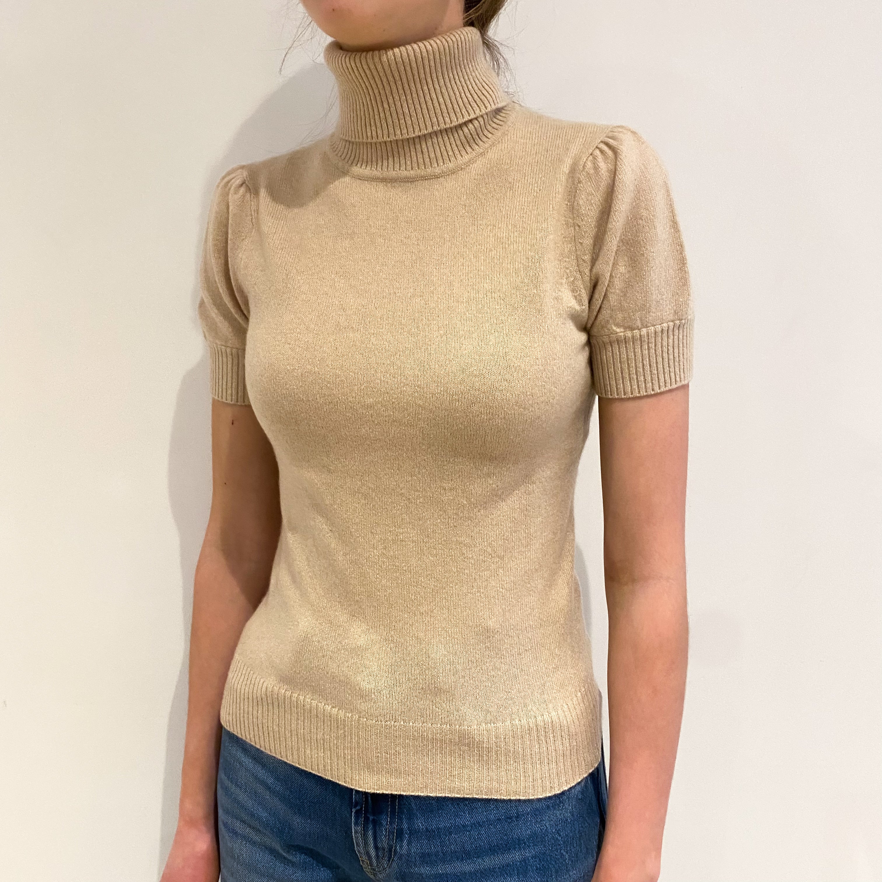 Biscuit Beige Cashmere Short Sleeved Polo Neck Jumper Extra Small