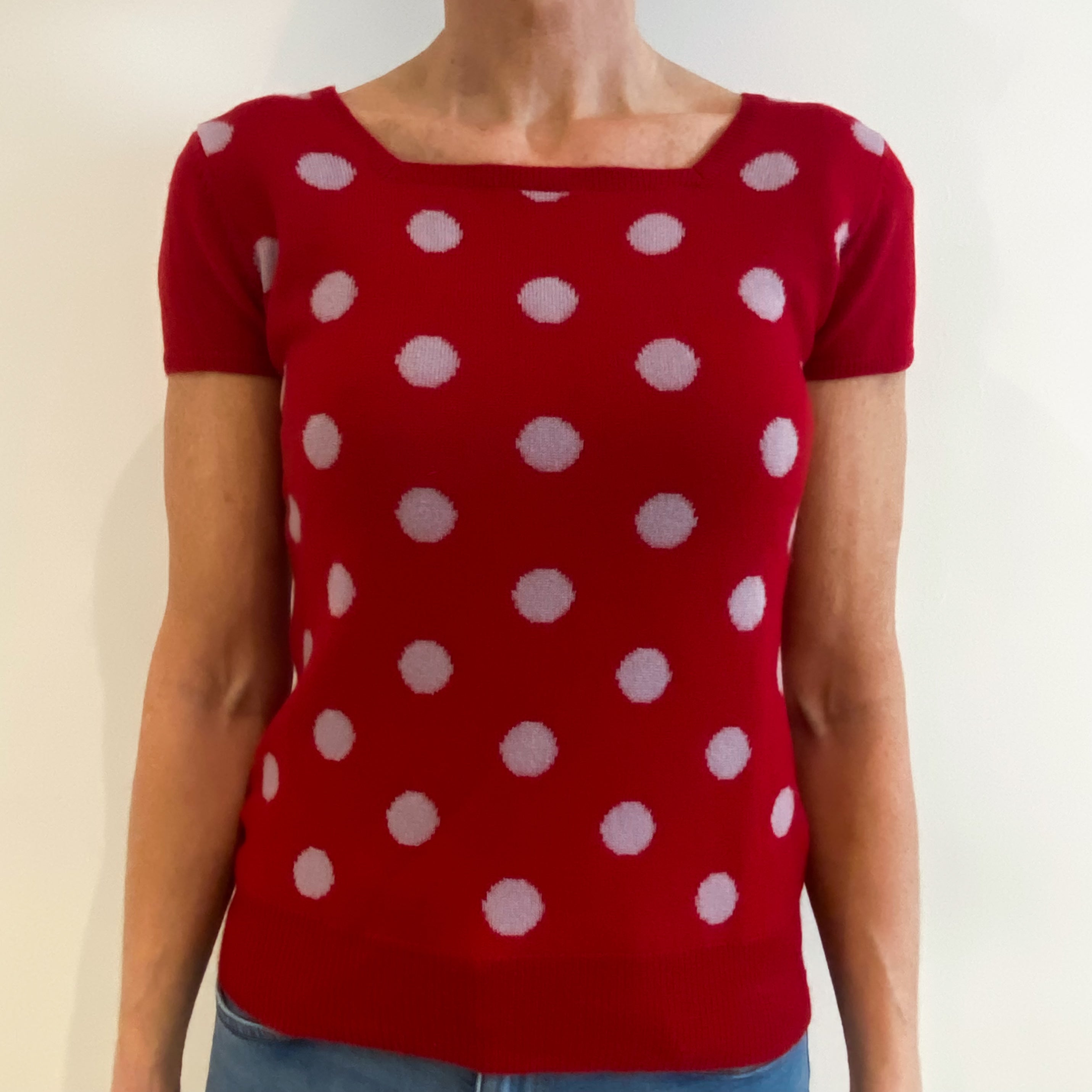 Red Polka Dot Cashmere Short Sleeved Sweet Heart Neck Jumper Small