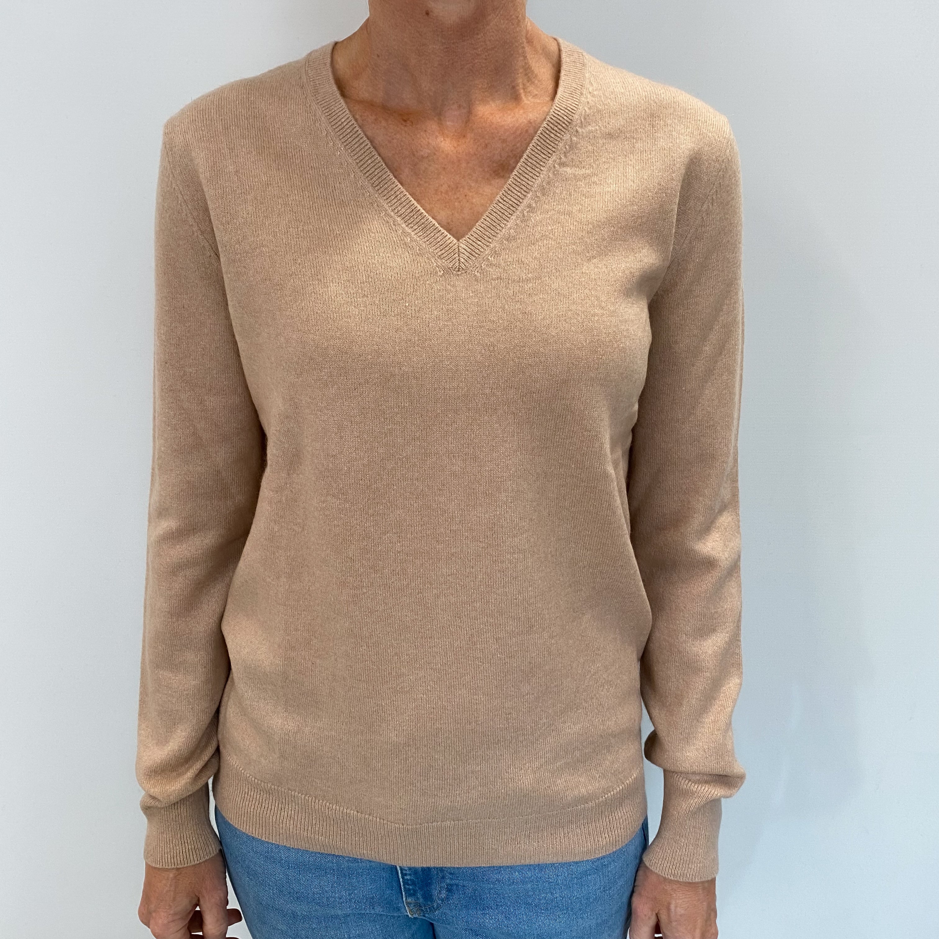 Buff Brown Cashmere V Neck Jumper Small