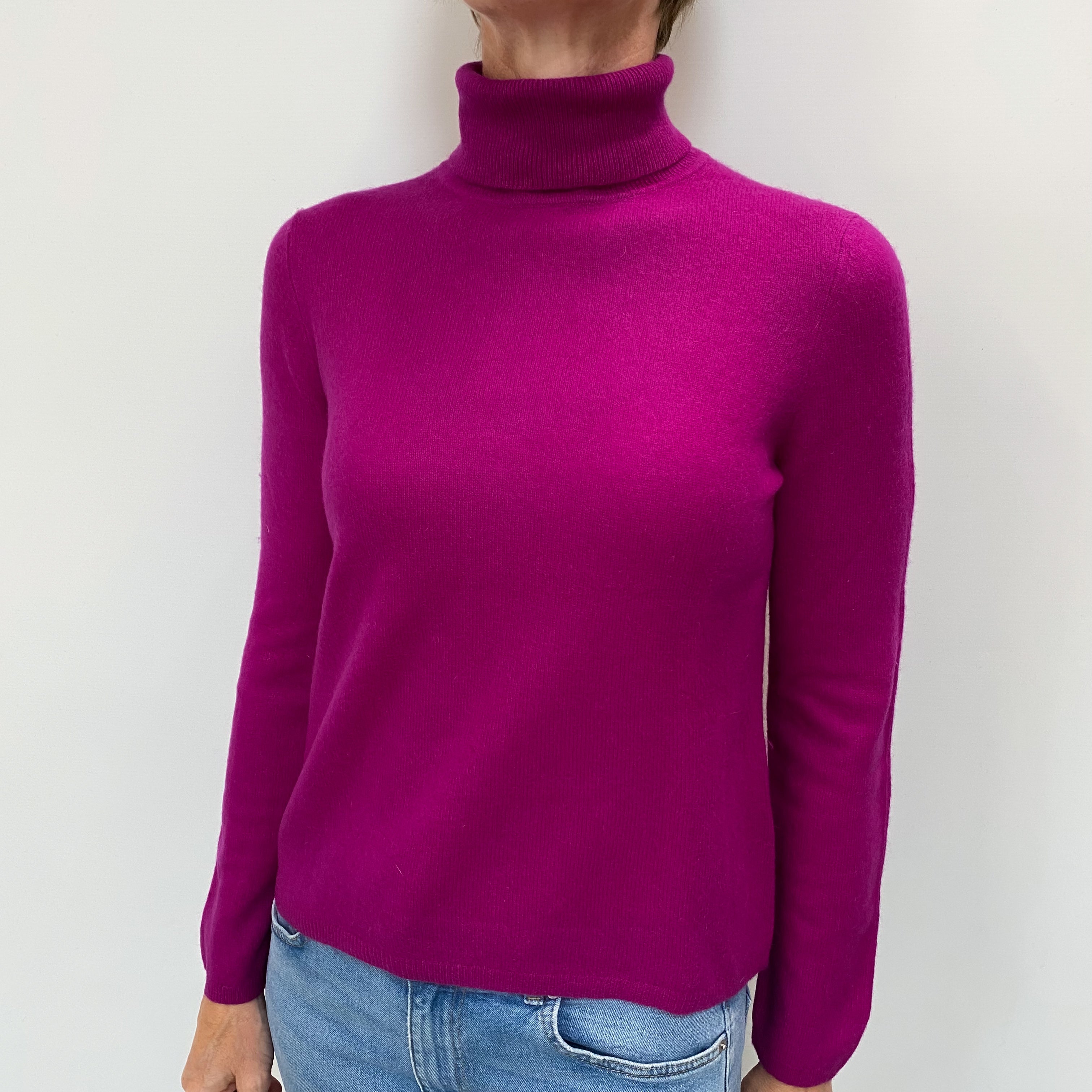 Vibrant Magenta Cashmere Polo Neck Jumper Small