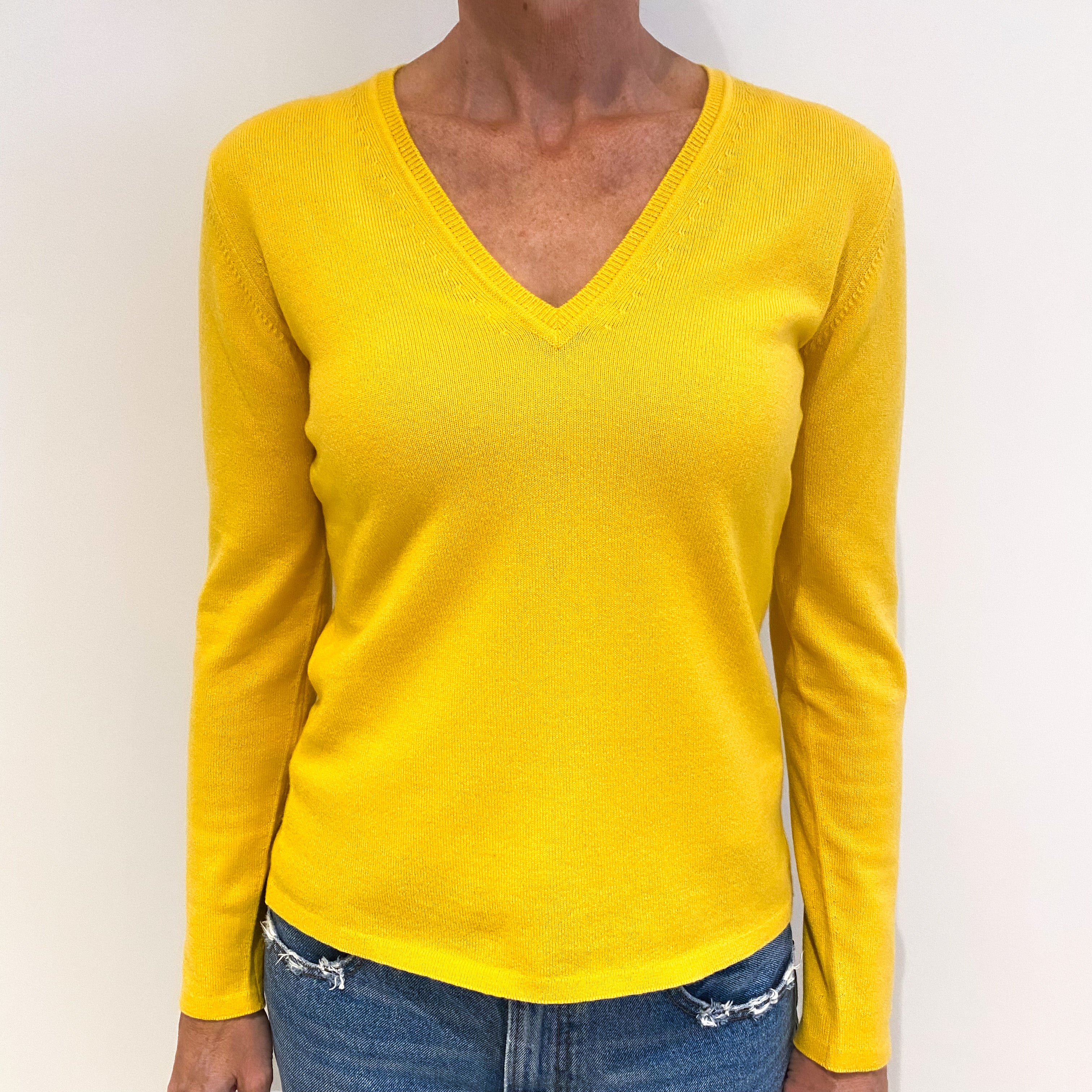 New Scottish Marigold Yellow Cashmere V-Neck Jumper Small