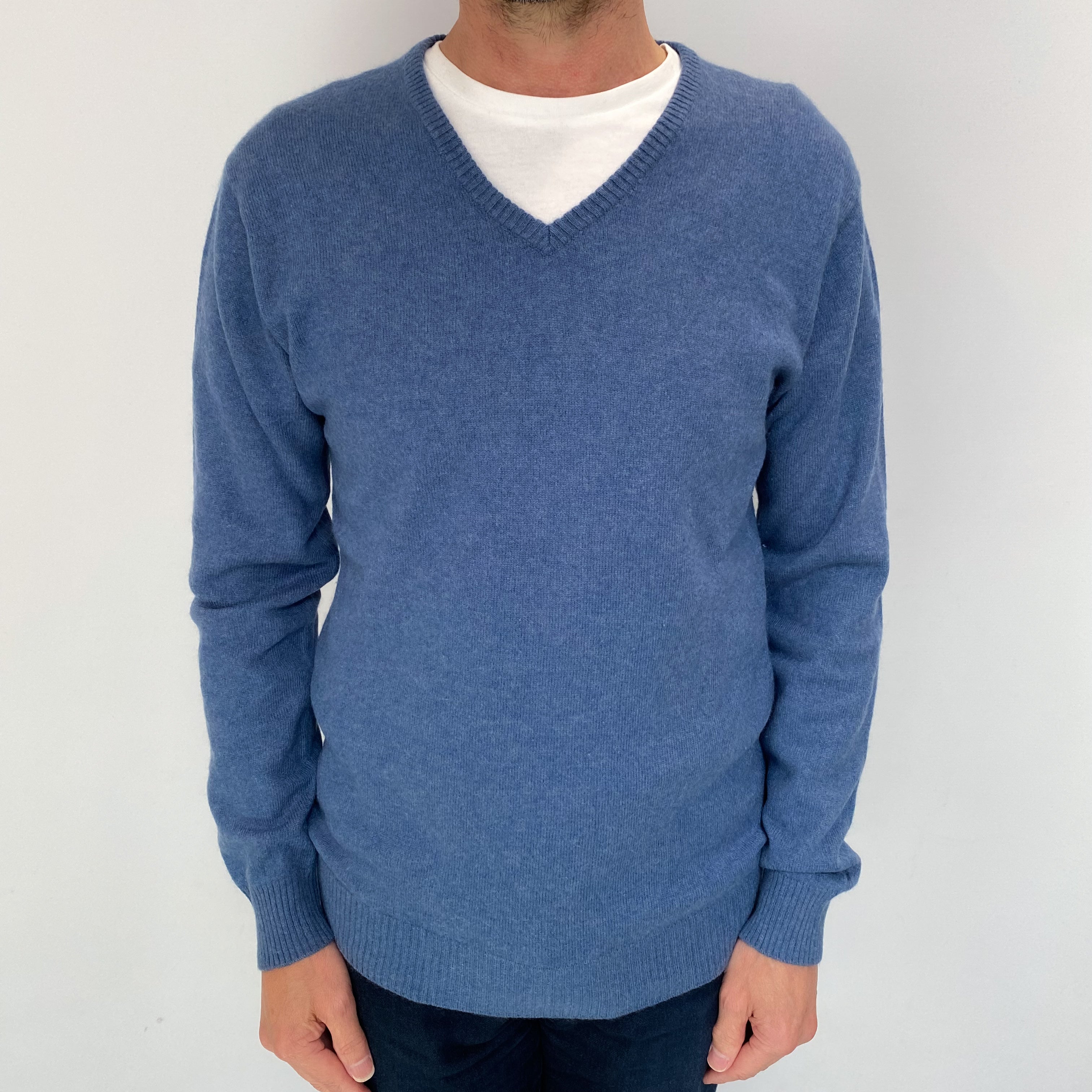 Men's Denim Blue Cashmere V Neck Jumper Small