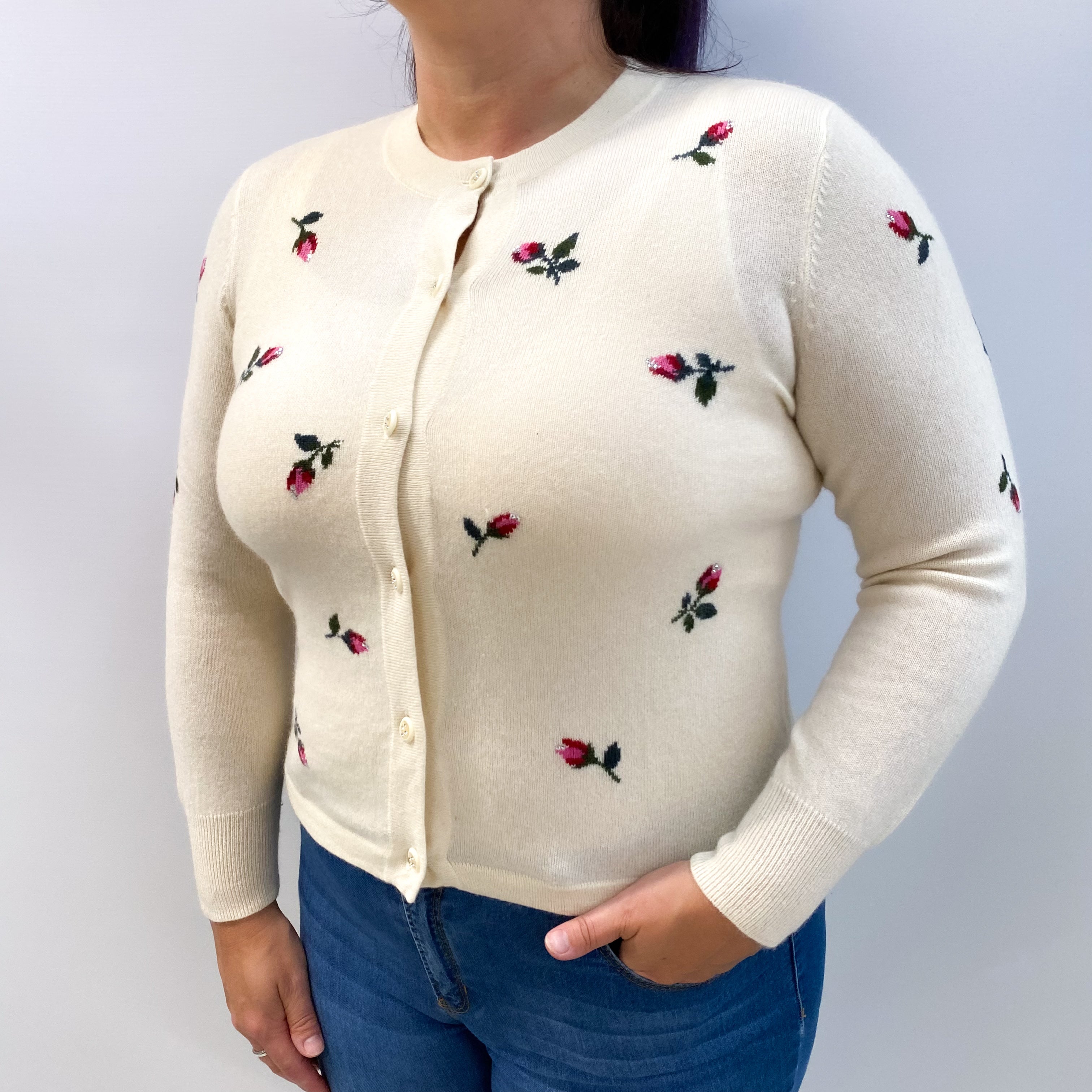 Vanilla Cream Floral Cashmere Cardigan Large