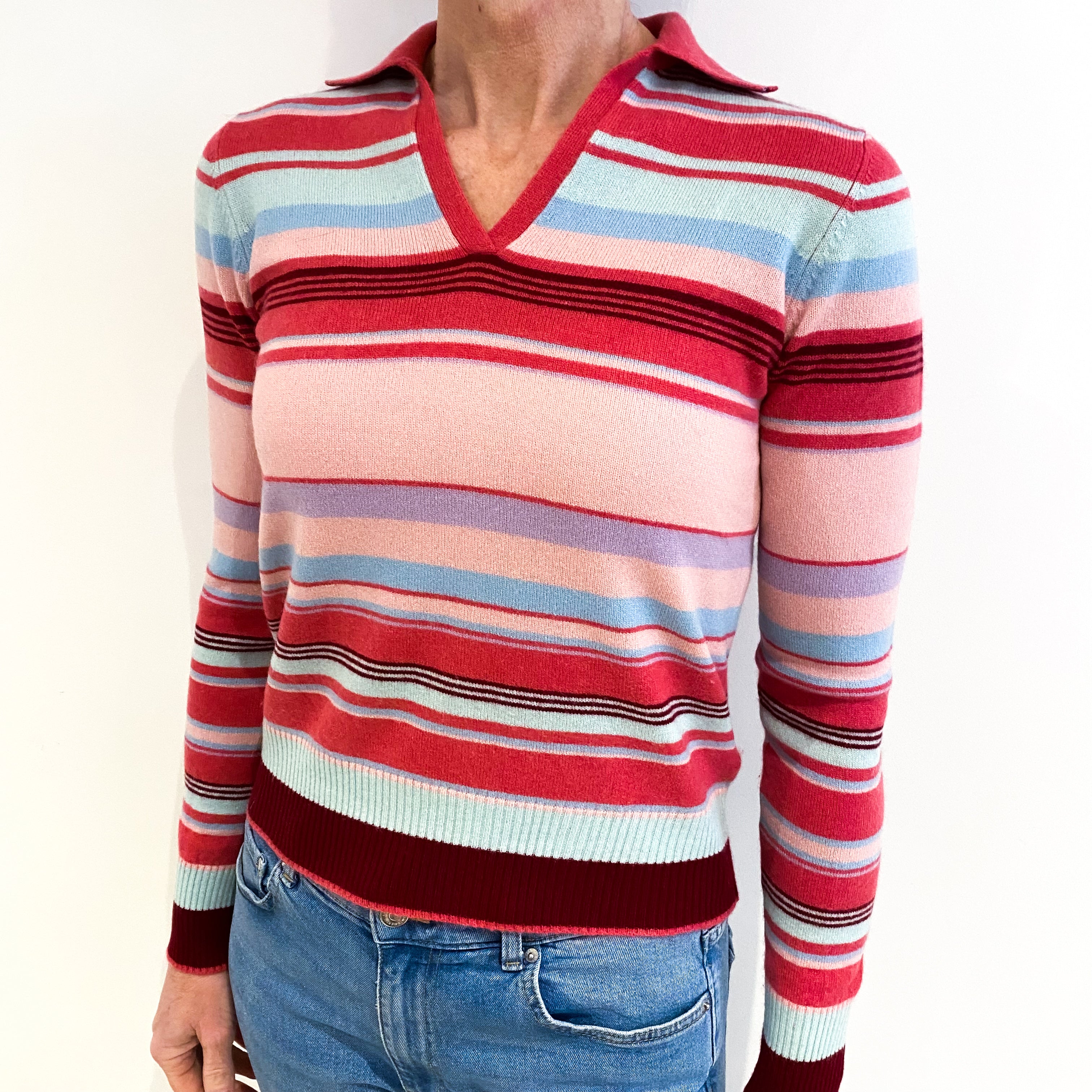 Raspberry Pink Striped Cashmere Collared V Neck Jumper Small