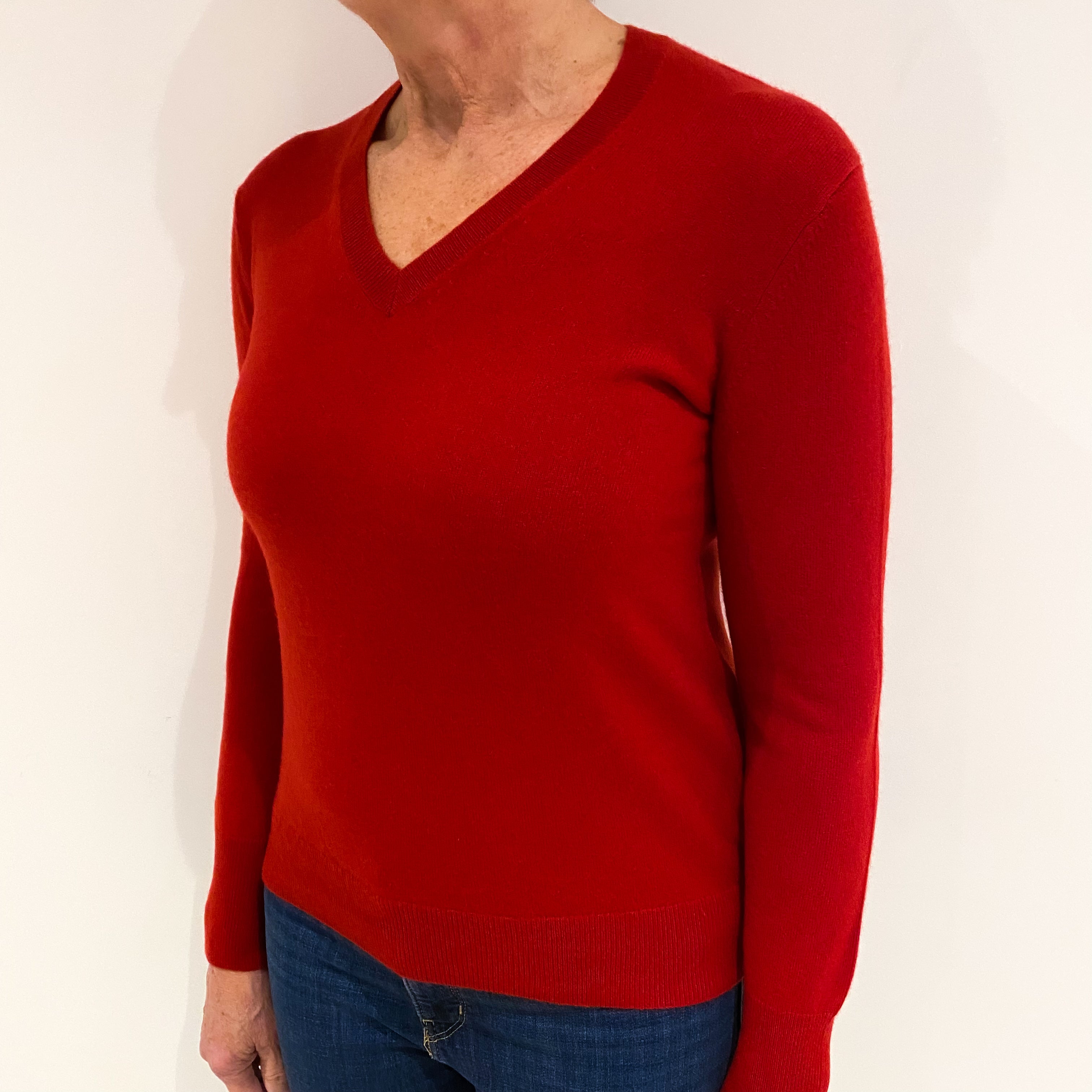 Scarlet Red Cashmere V Neck Jumper Medium