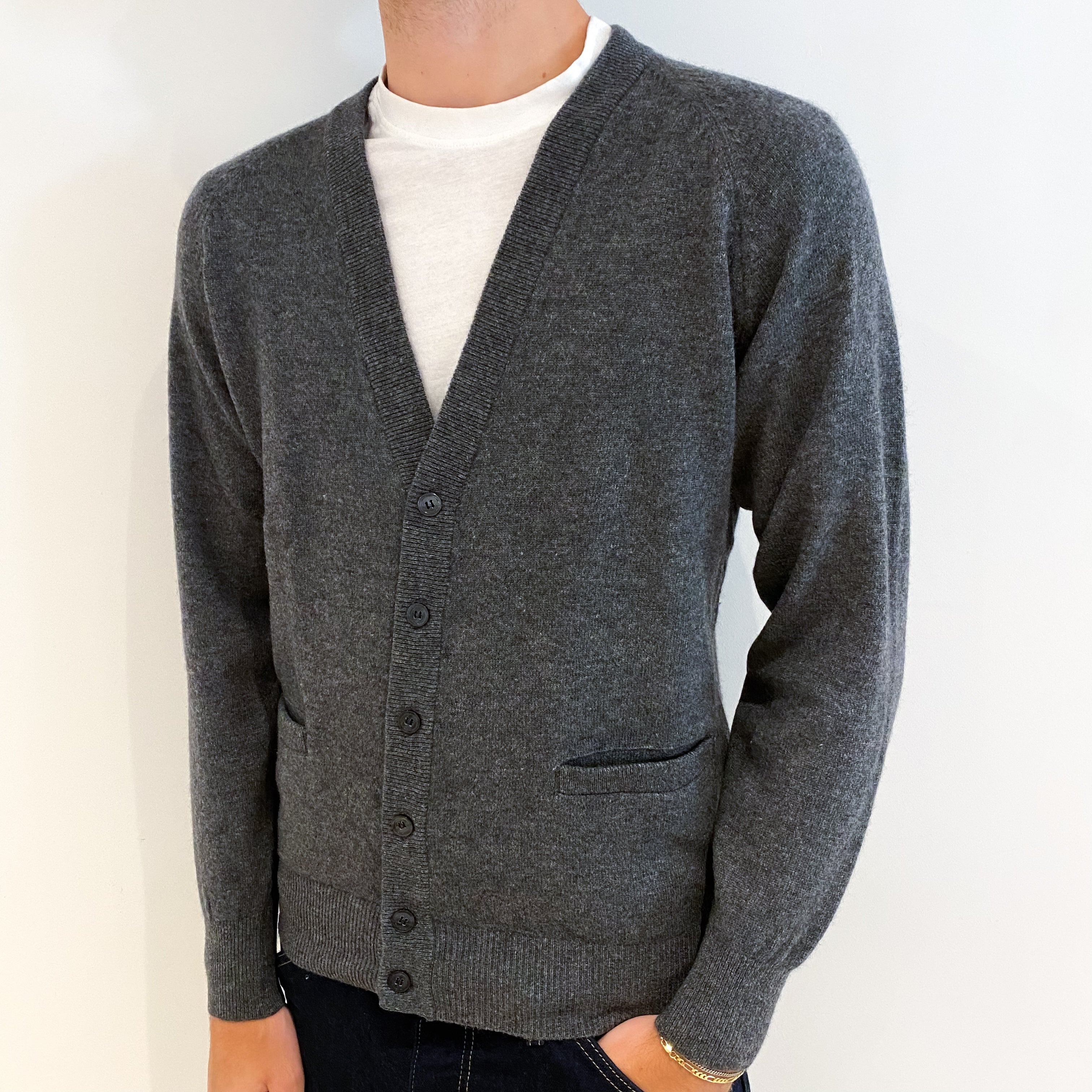 Men's Slate Grey Cashmere V-Neck Cardigan Medium