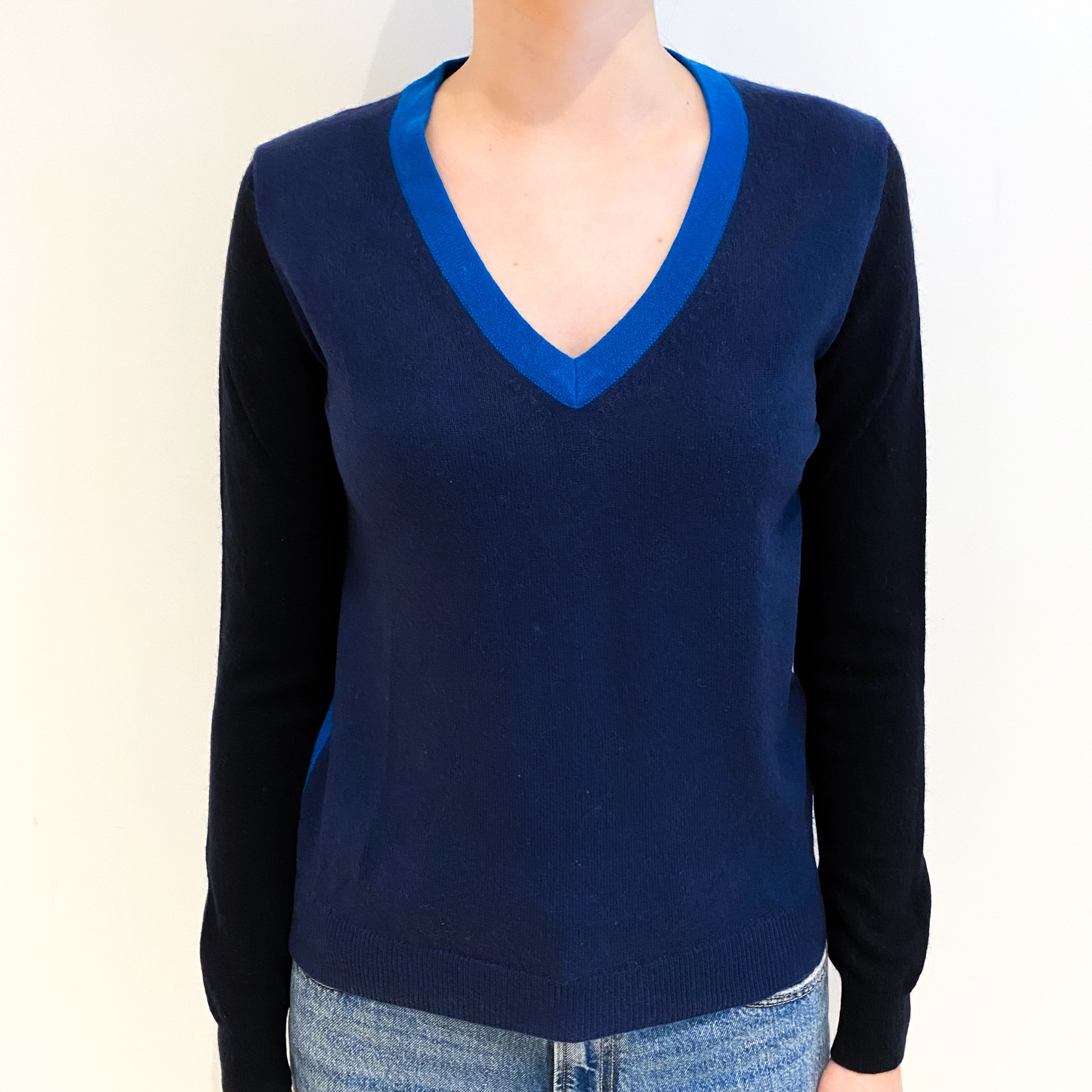 French Navy Colourblock Cashmere V Neck Jumper Extra Small