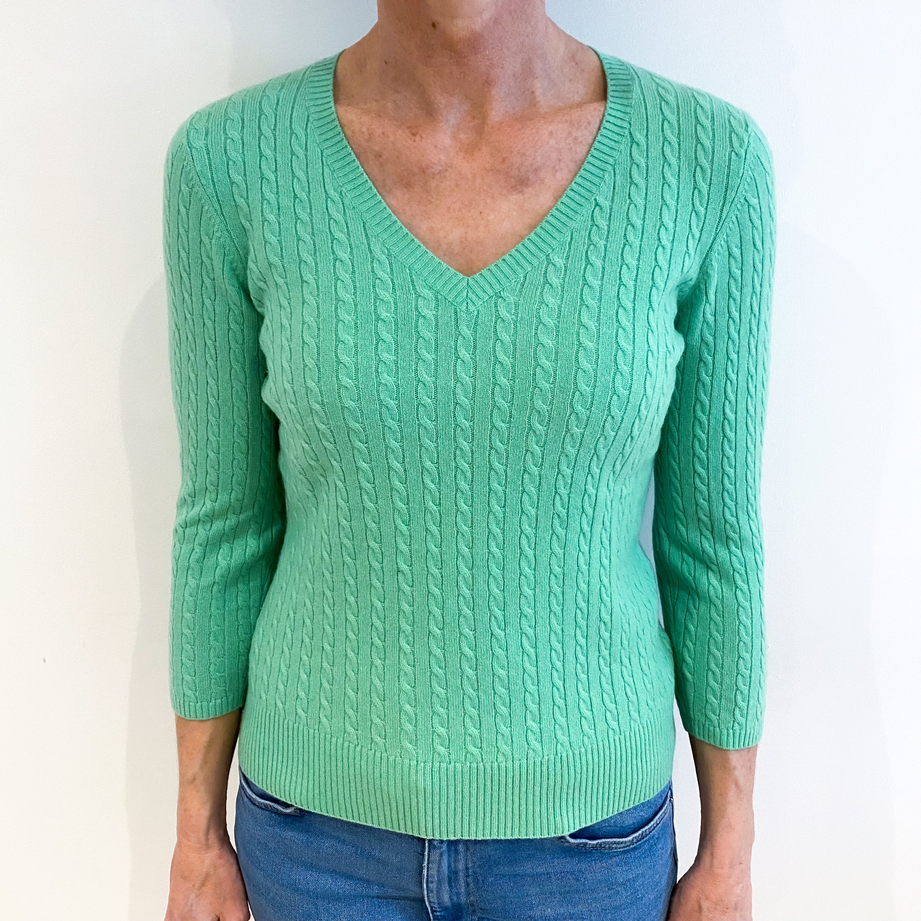 Spring Green Cashmere V Neck Jumper Small