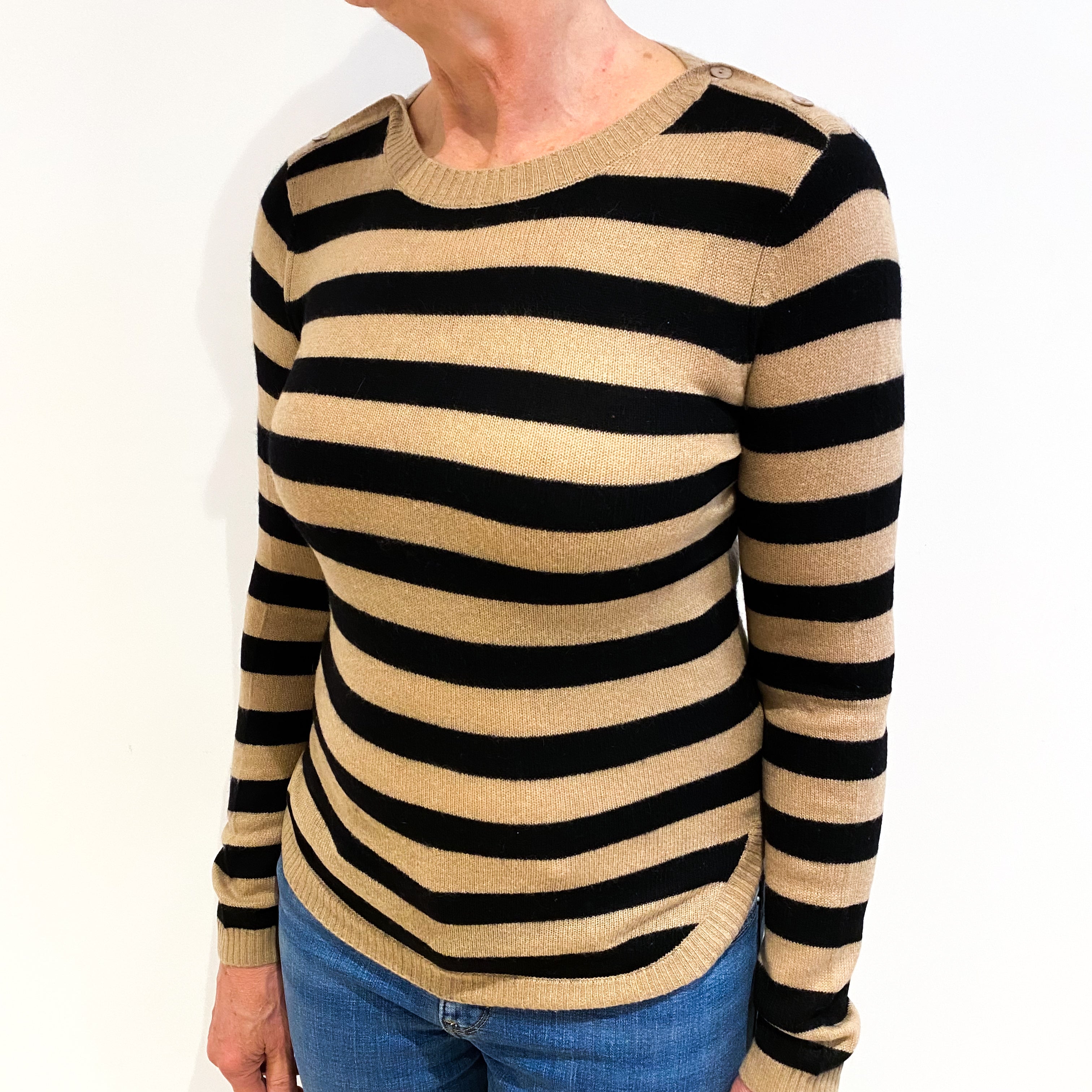 Caramel And Black Stripe Cashmere Crew Neck Jumper Medium