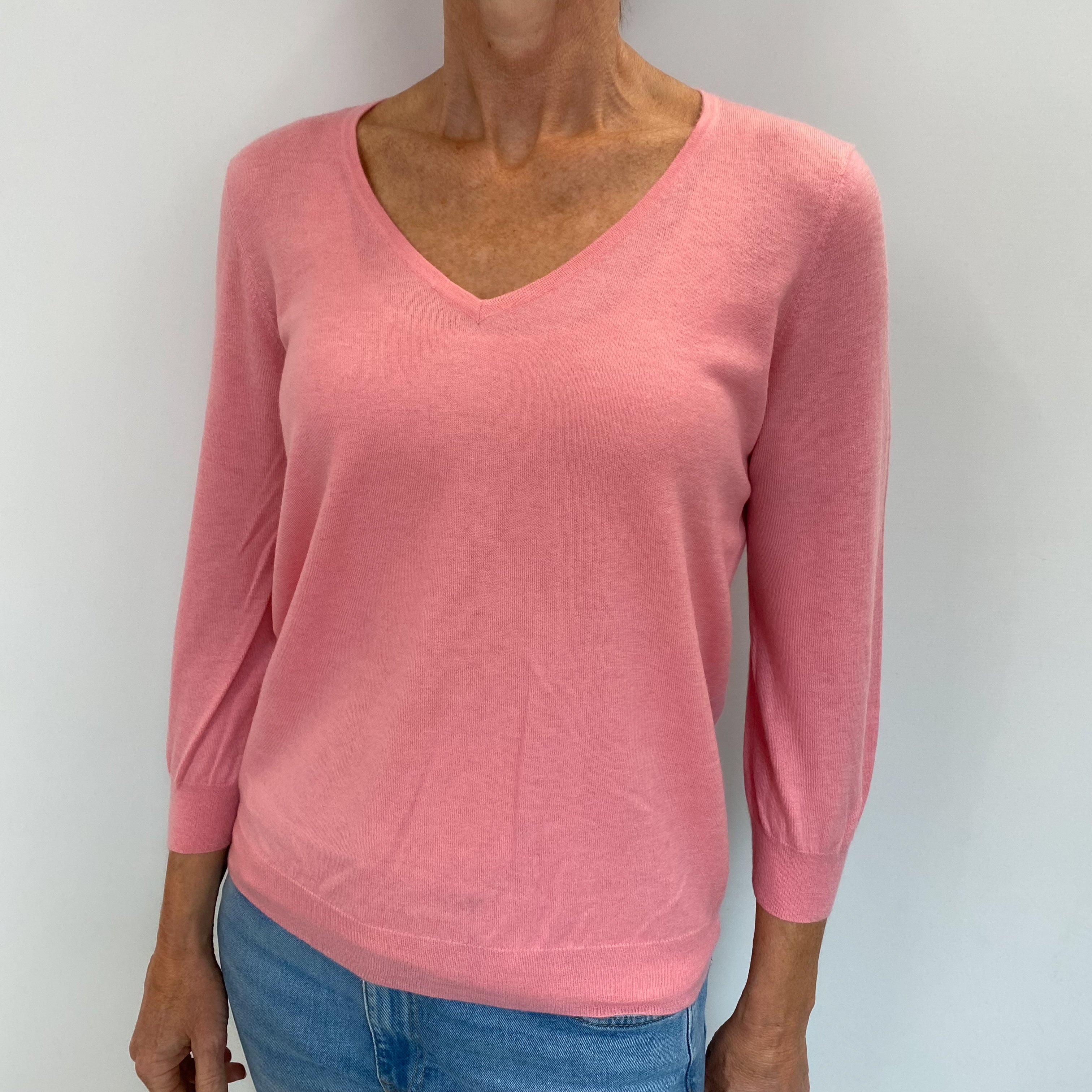 Flamingo Pink Cashmere 3/4 Sleeve V Neck Jumper Small