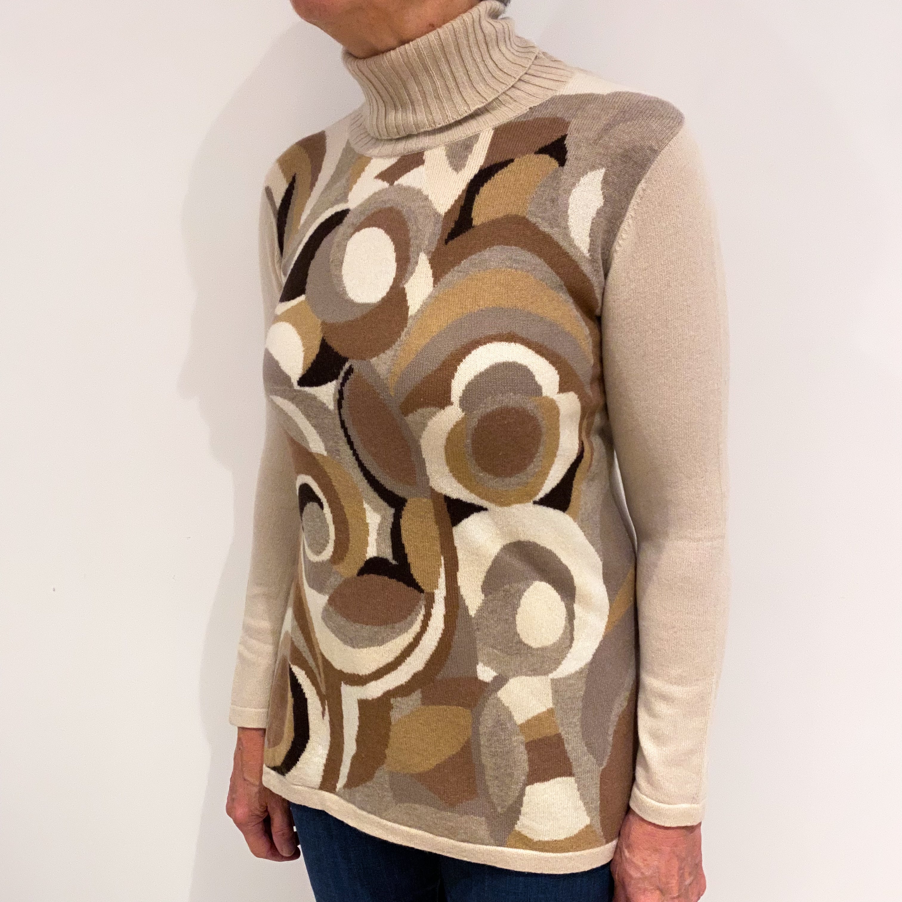 Beige and Brown Abstract Cashmere Polo Neck Jumper Medium