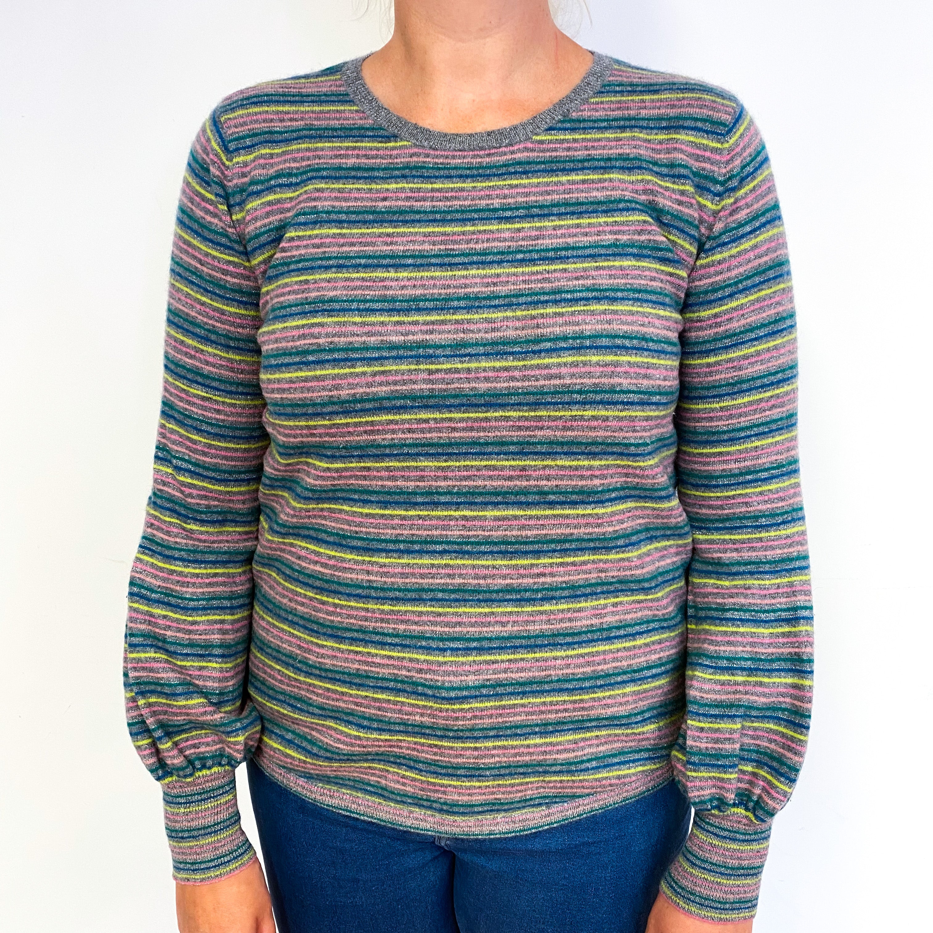 Wyse Grey Colourful Stripe Cashmere Crew Neck Jumper Large