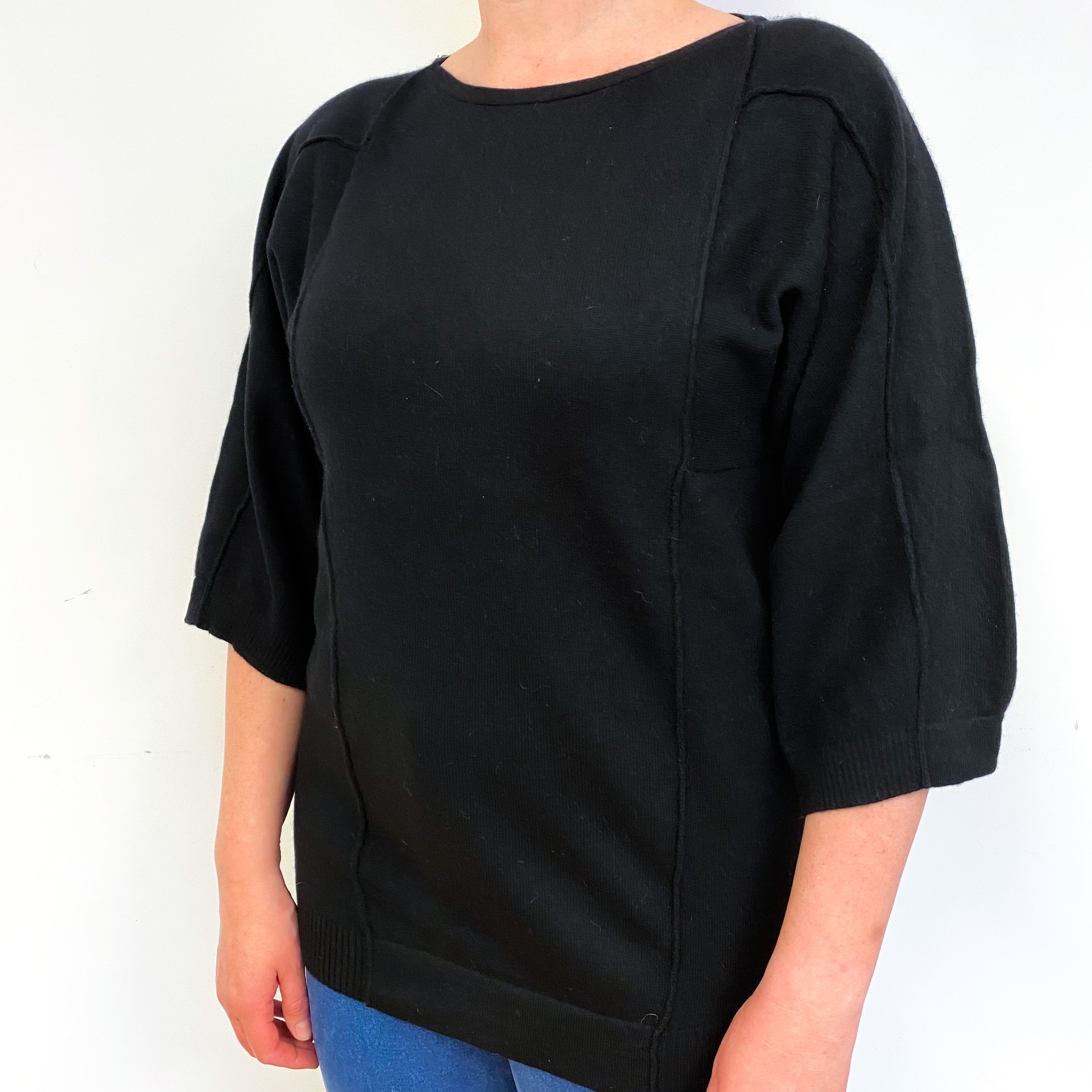 Black Loose 3/4 Sleeve Cashmere Crew Neck Jumper Large