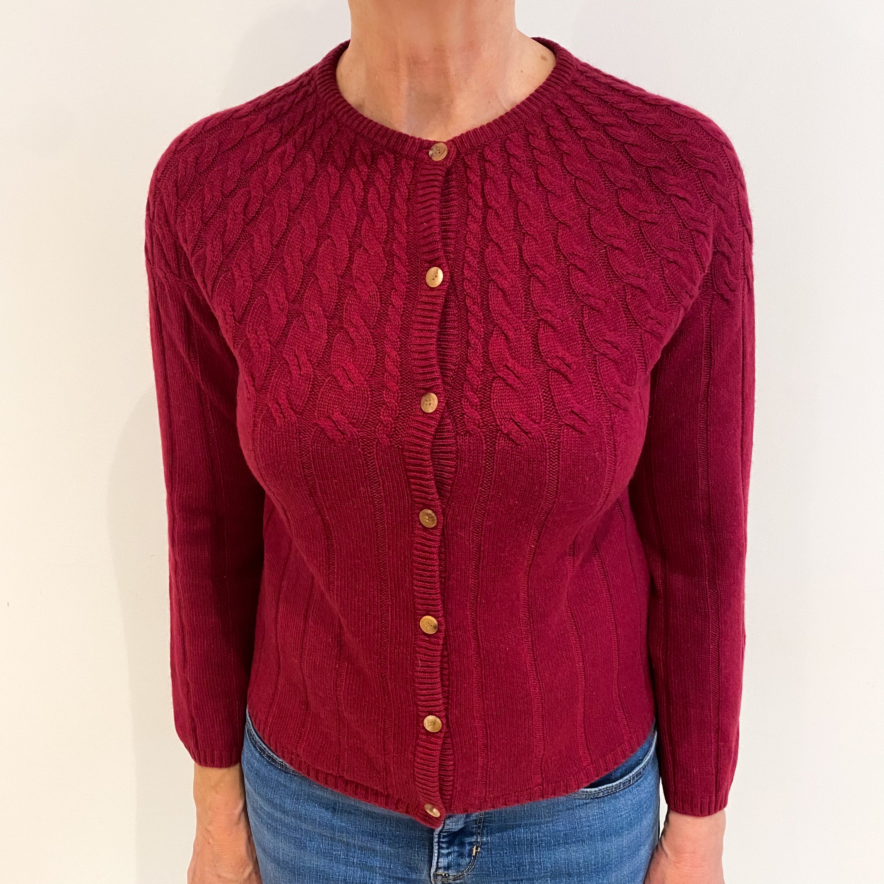 Garnet Red Textured Cashmere Crew Neck Cardigan Medium