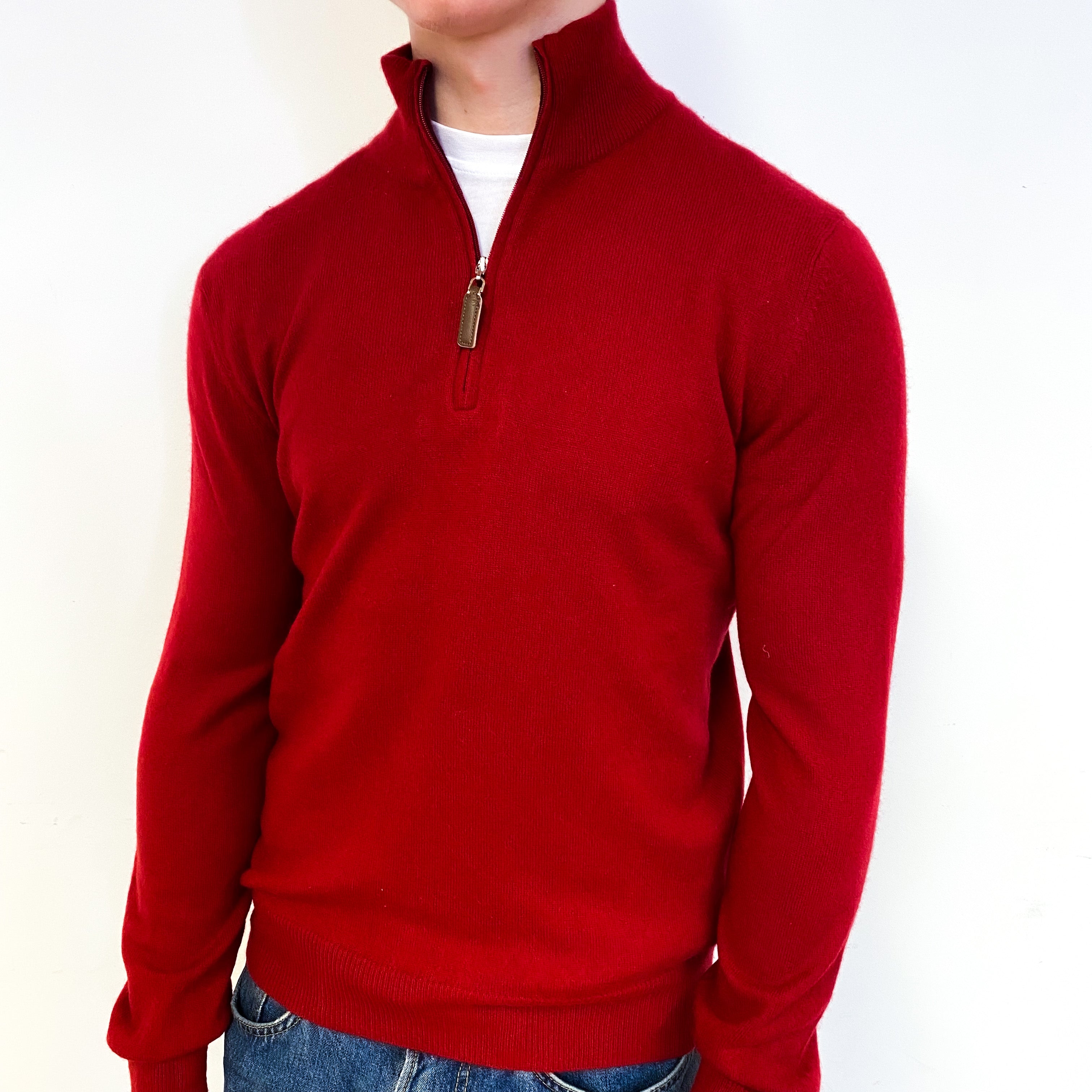 Men's Crimson Red Cashmere 1/4 Zip Jumper Small