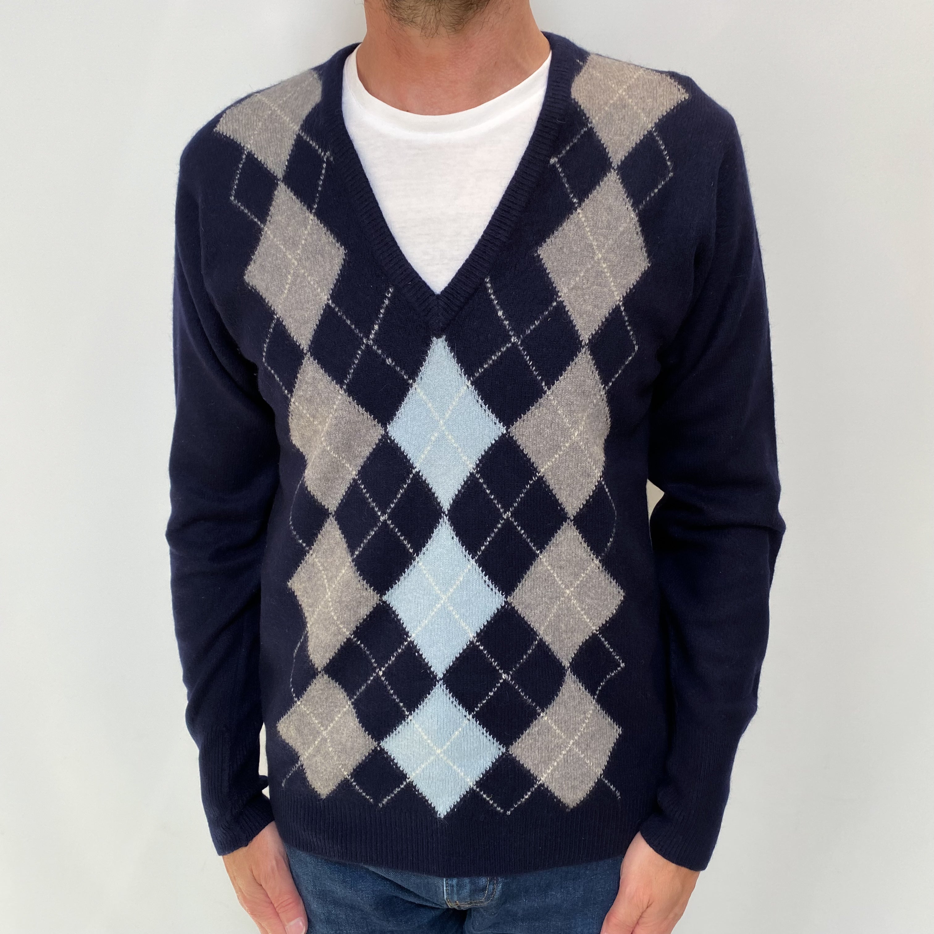 Men's Navy Argyle Front Cashmere V Neck Jumper Small