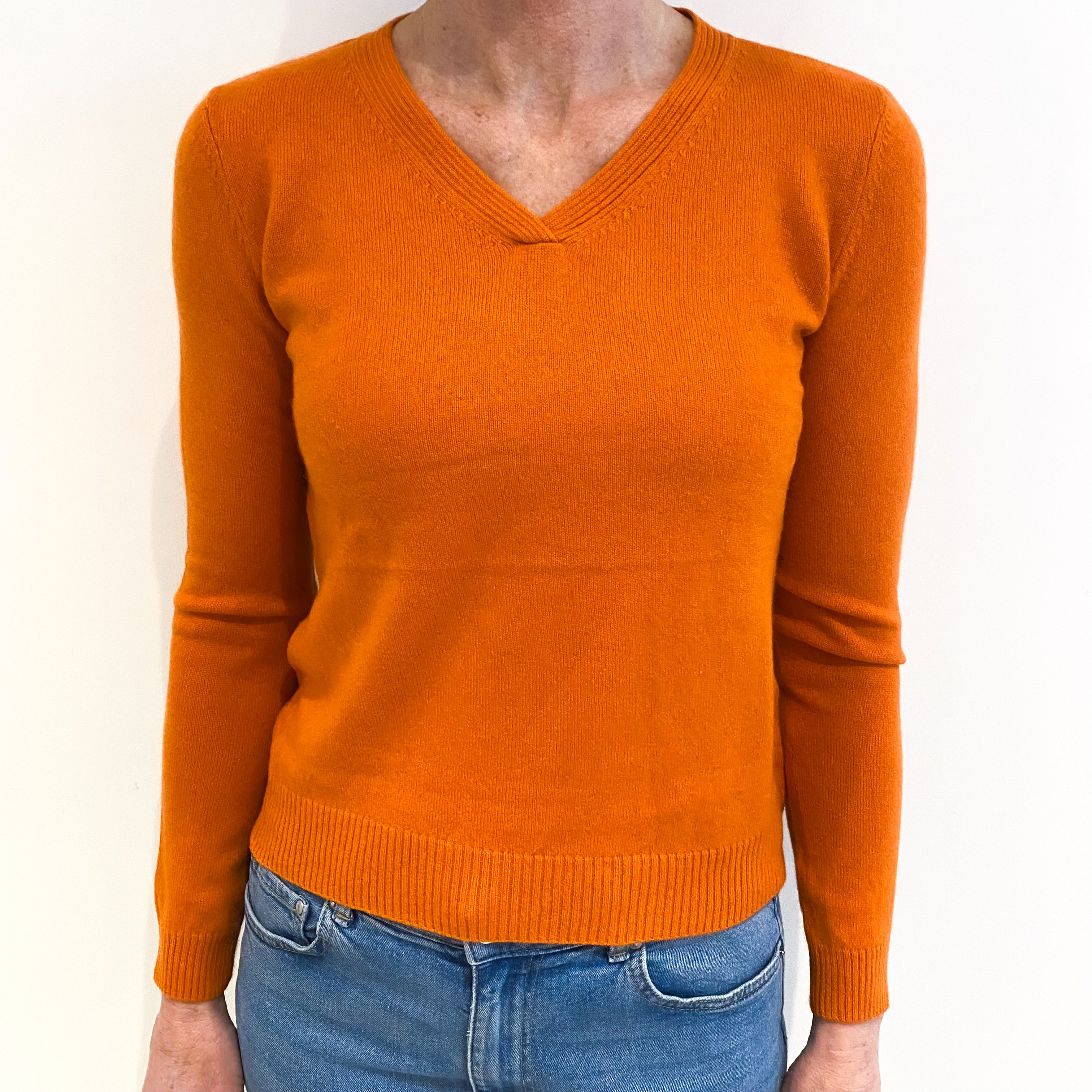 Tiger Orange Cashmere V Neck Jumper Small