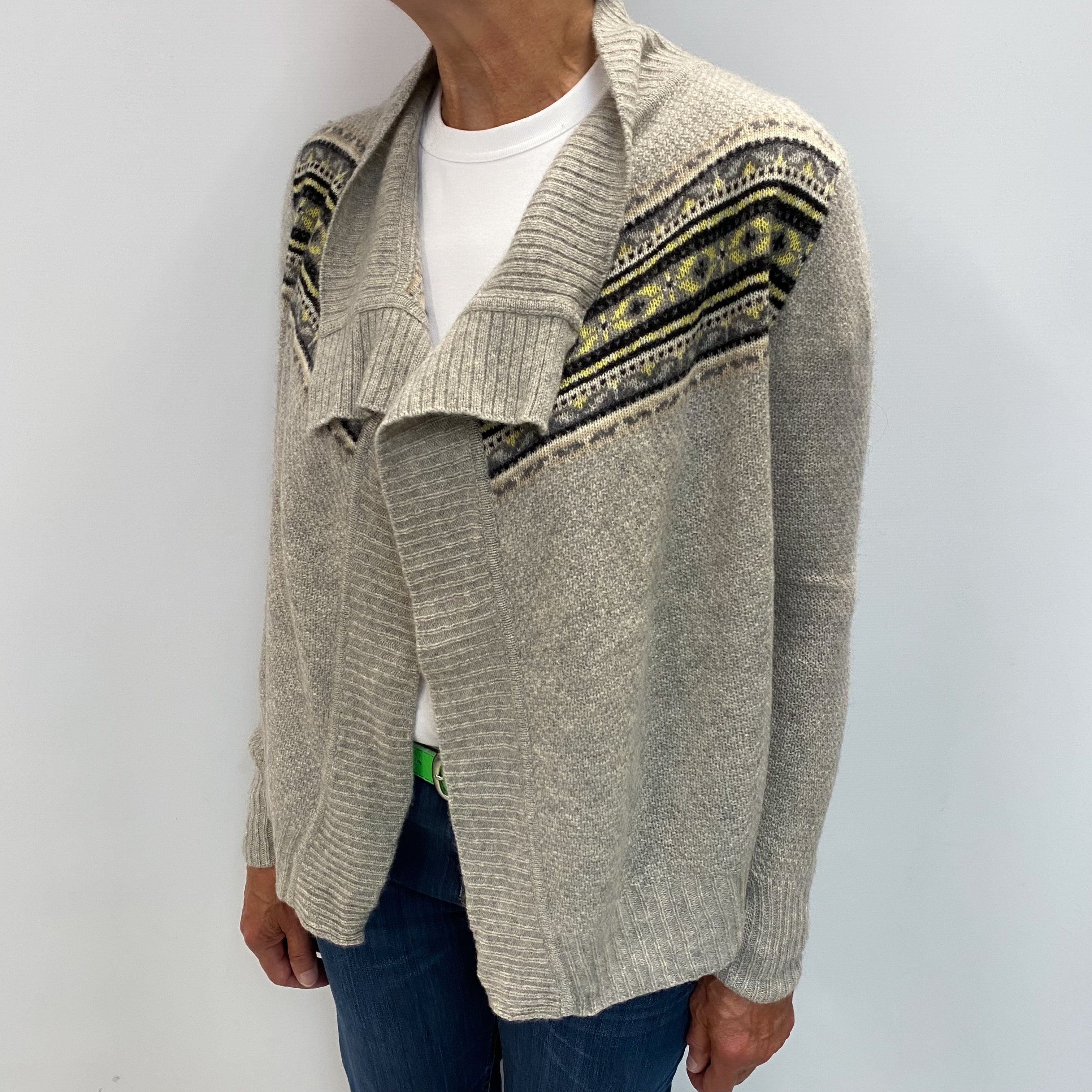 Smoke Grey Fairisle Cashmere Waterfall Cardigan Medium