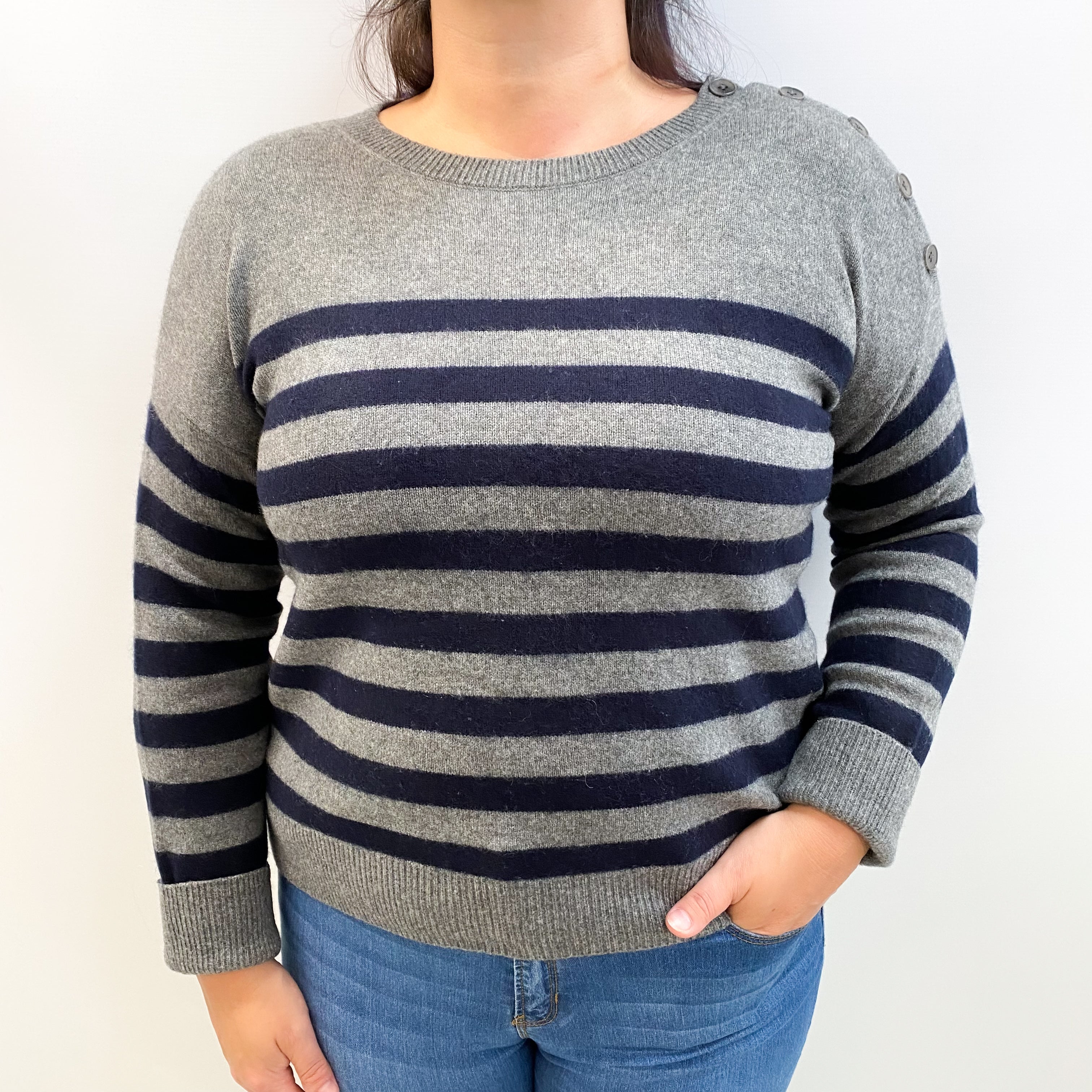 Vince Grey Navy Stripe Cashmere Crew Neck Jumper Large