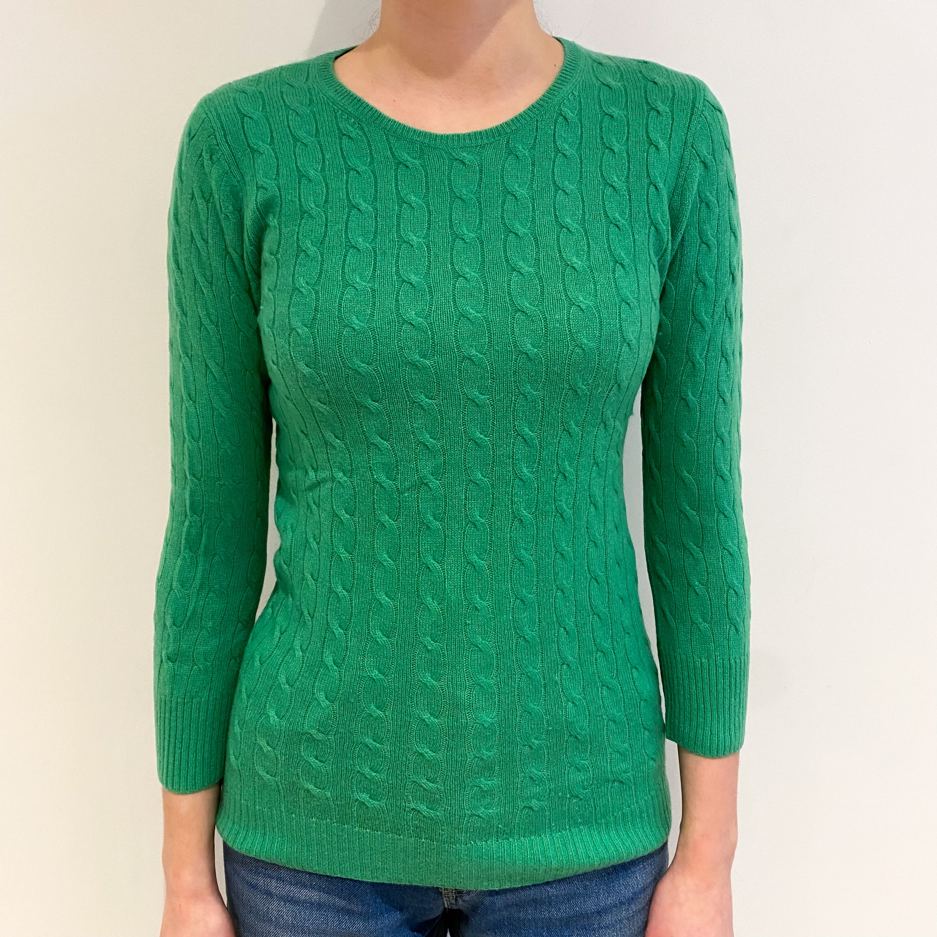 Jade Green Cable Cashmere Crew Neck Jumper Extra Small