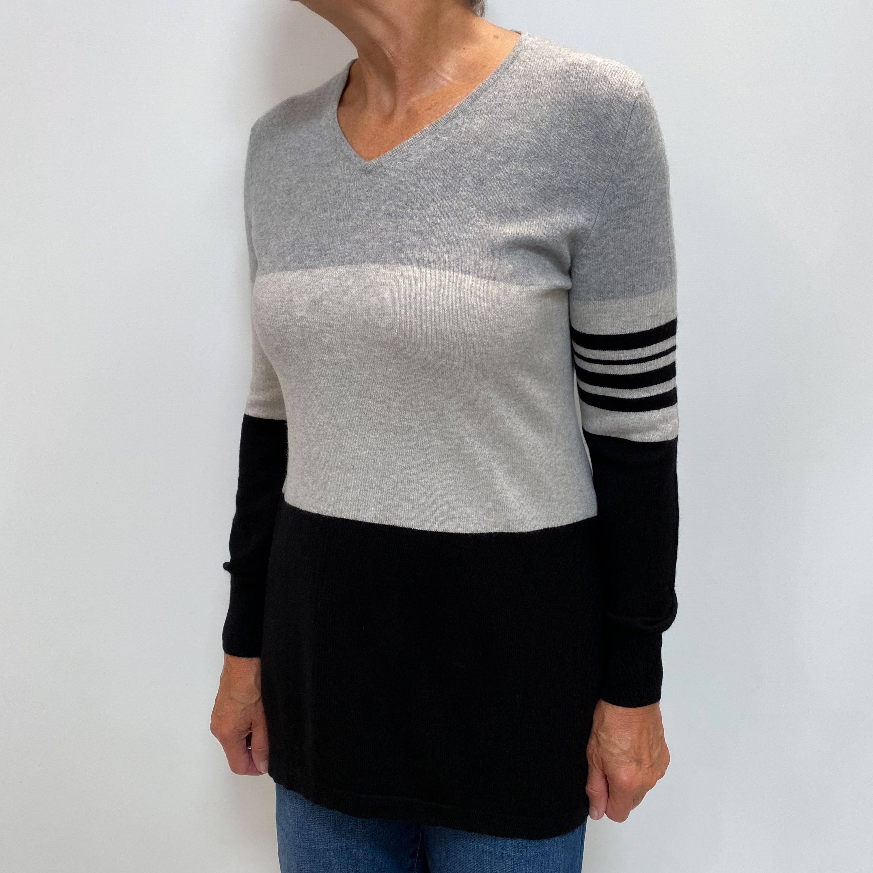 Black Grey Colour Block Cashmere V Neck Jumper Medium