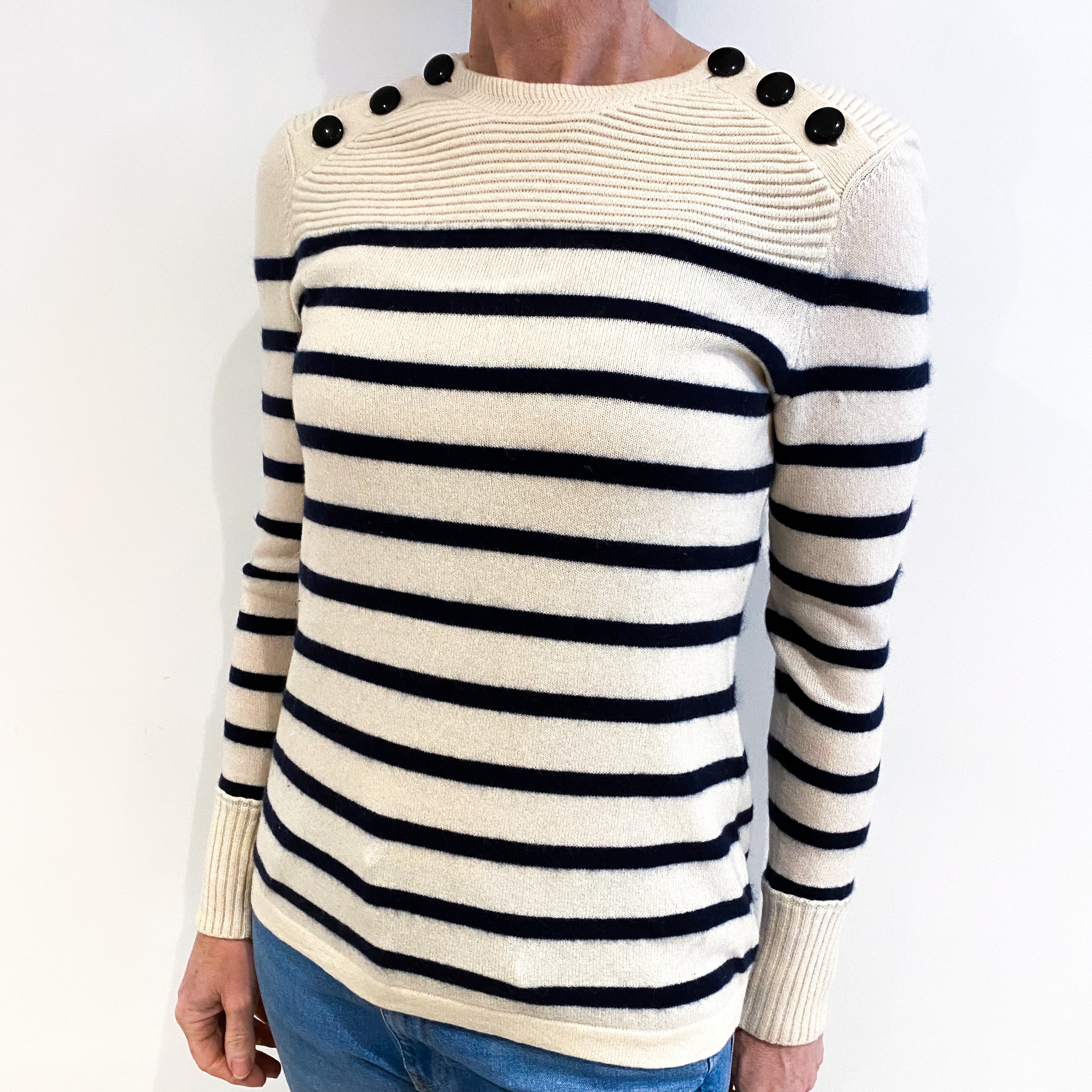 Cream And Navy Stripe Cashmere Crew Neck Jumper Small