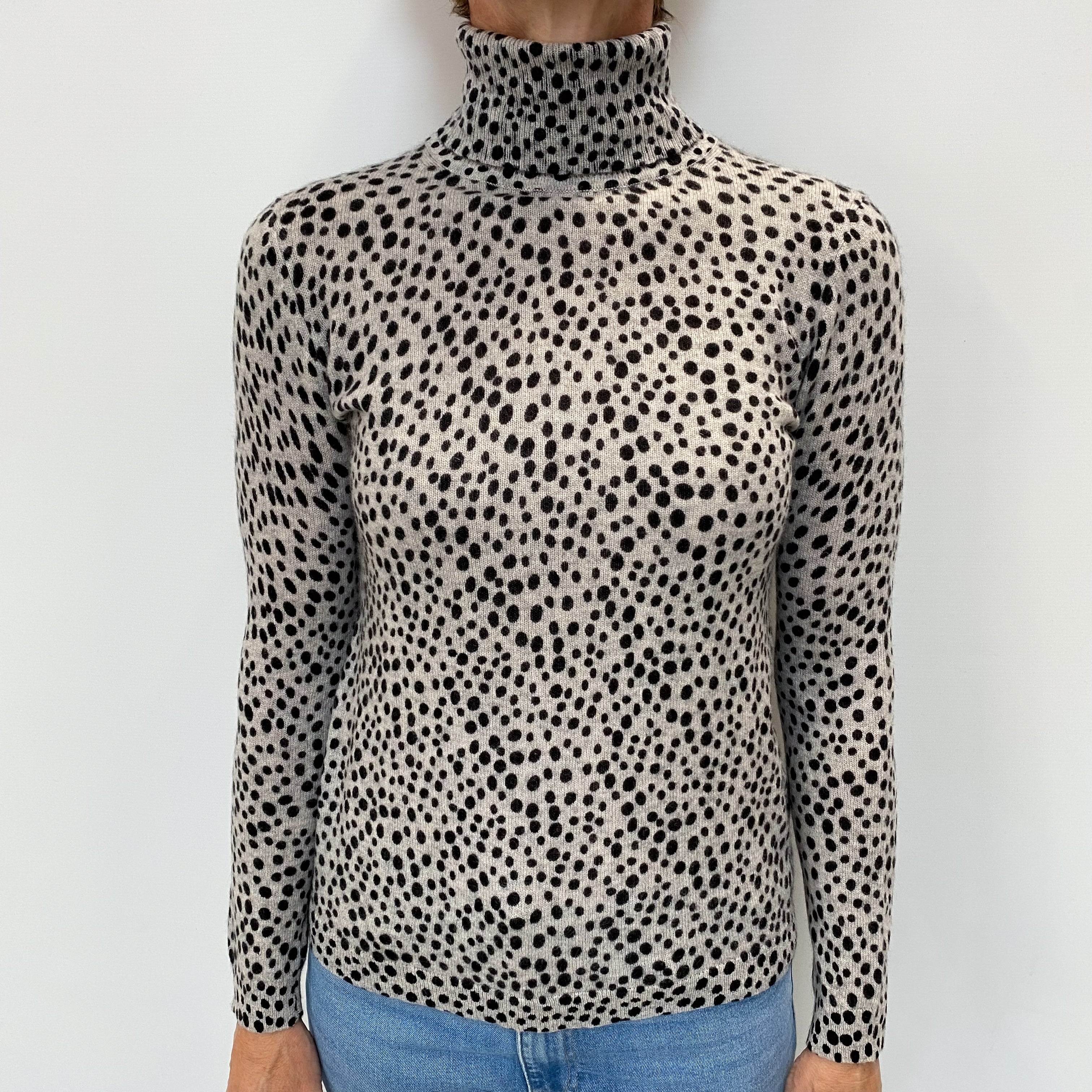 Grey Dotty Cashmere Polo Neck Jumper Small