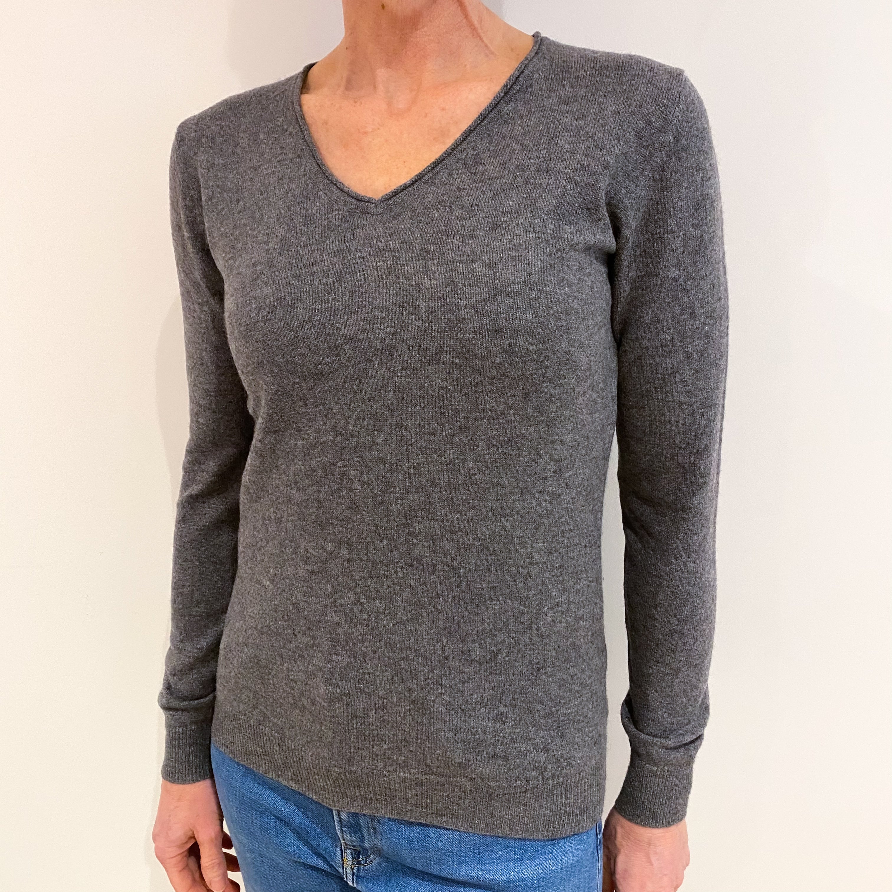 Ash Grey Cashmere V Neck Jumper Small