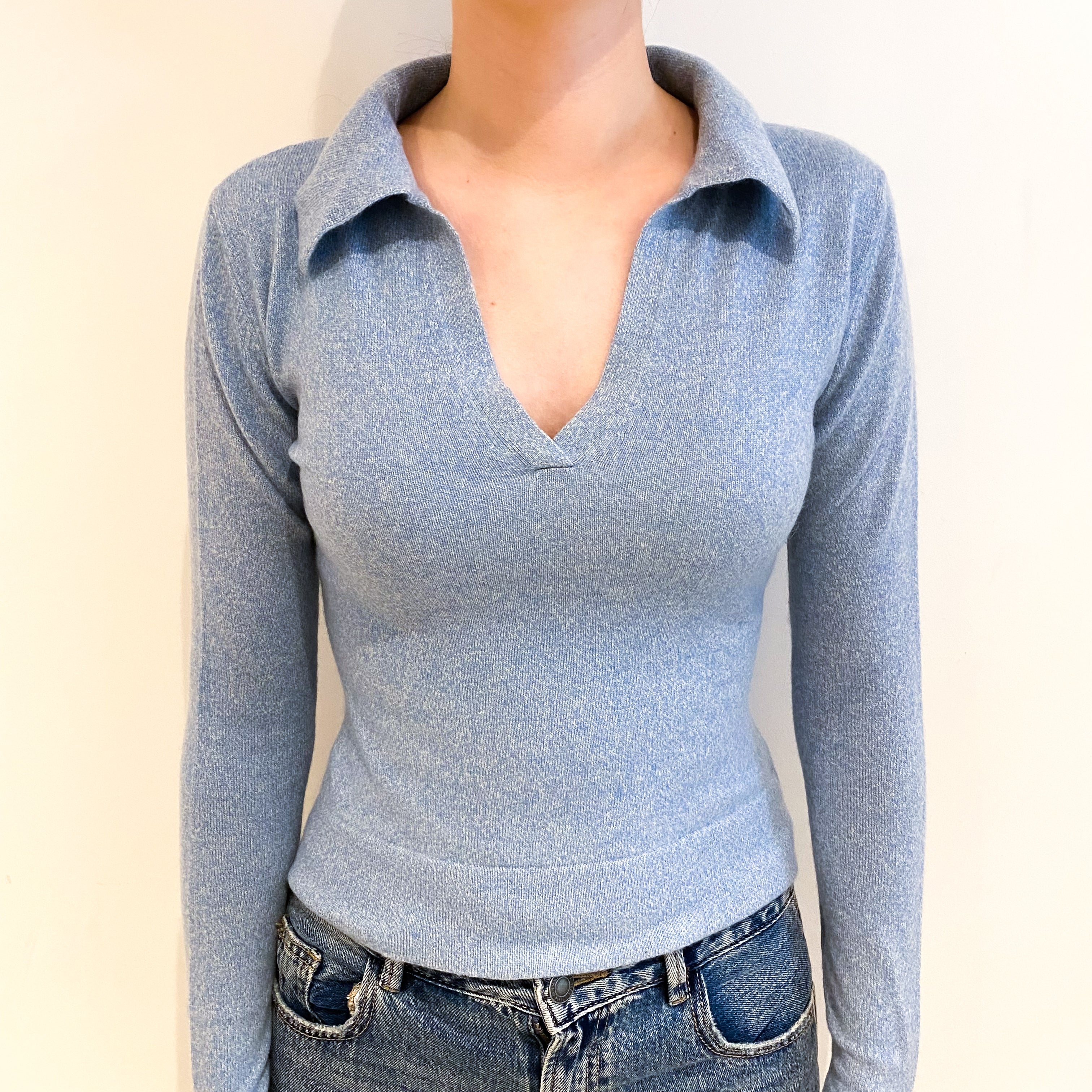 Opal Blue Marl Cashmere Collared V Neck Jumper Extra Small