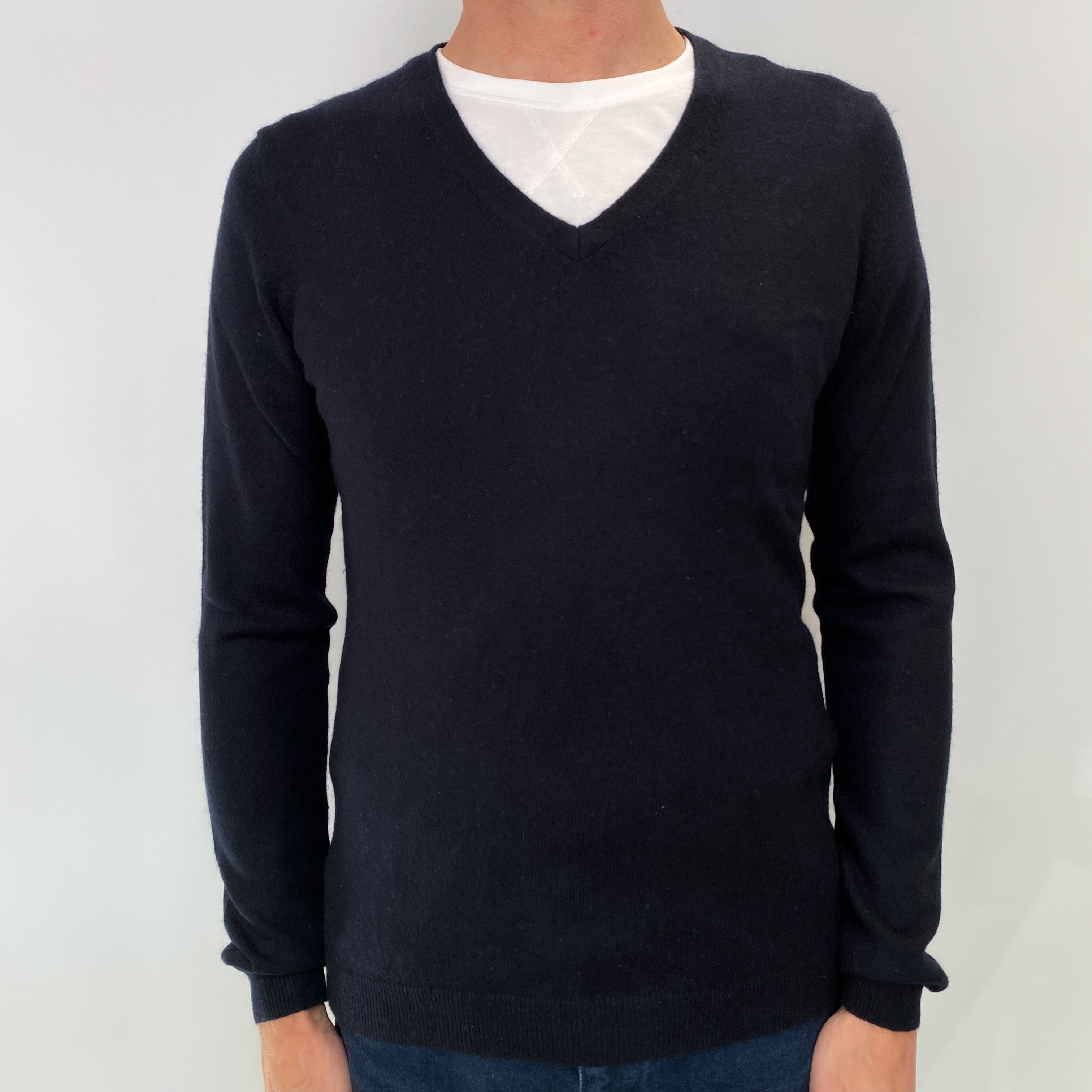 Dark Navy Men's Cashmere V Neck Jumper Small