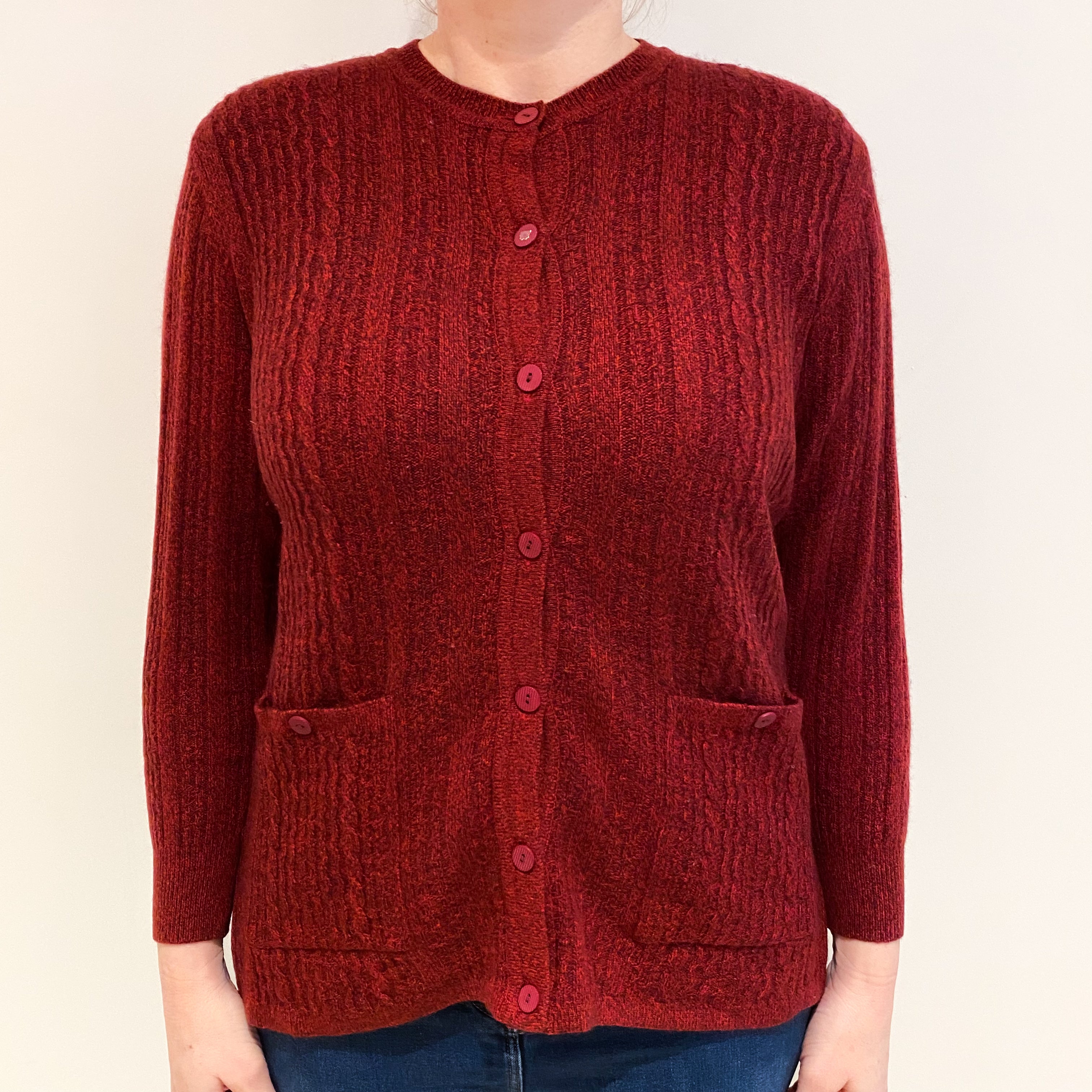 Wine Red Marl Cashmere Crew Neck Cardigan with Pockets Large