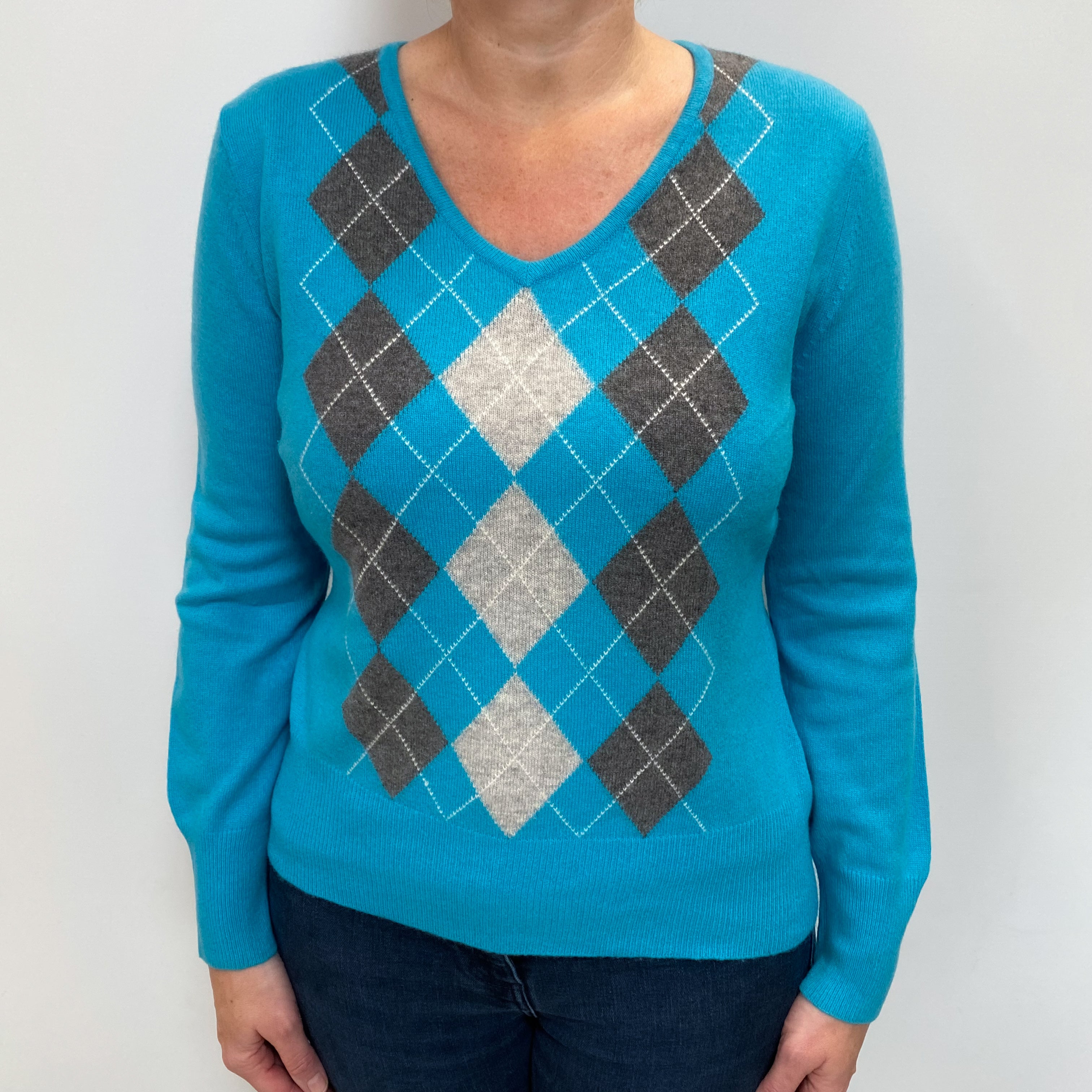 Aqua Marine Blue Argyle Cashmere V Neck Jumper Large