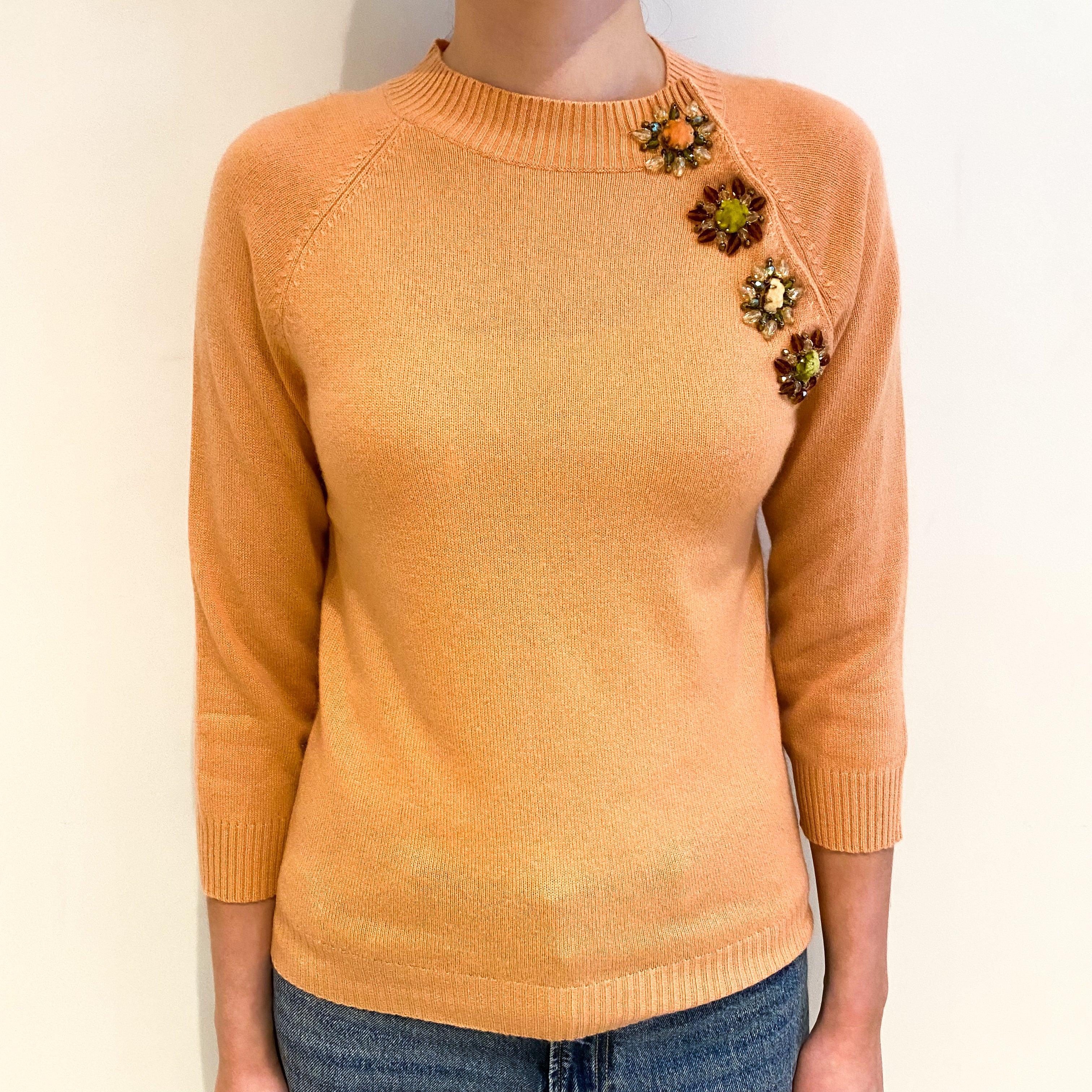 Dusty Peach Cashmere Jewelled Crew Neck Jumper Extra Small