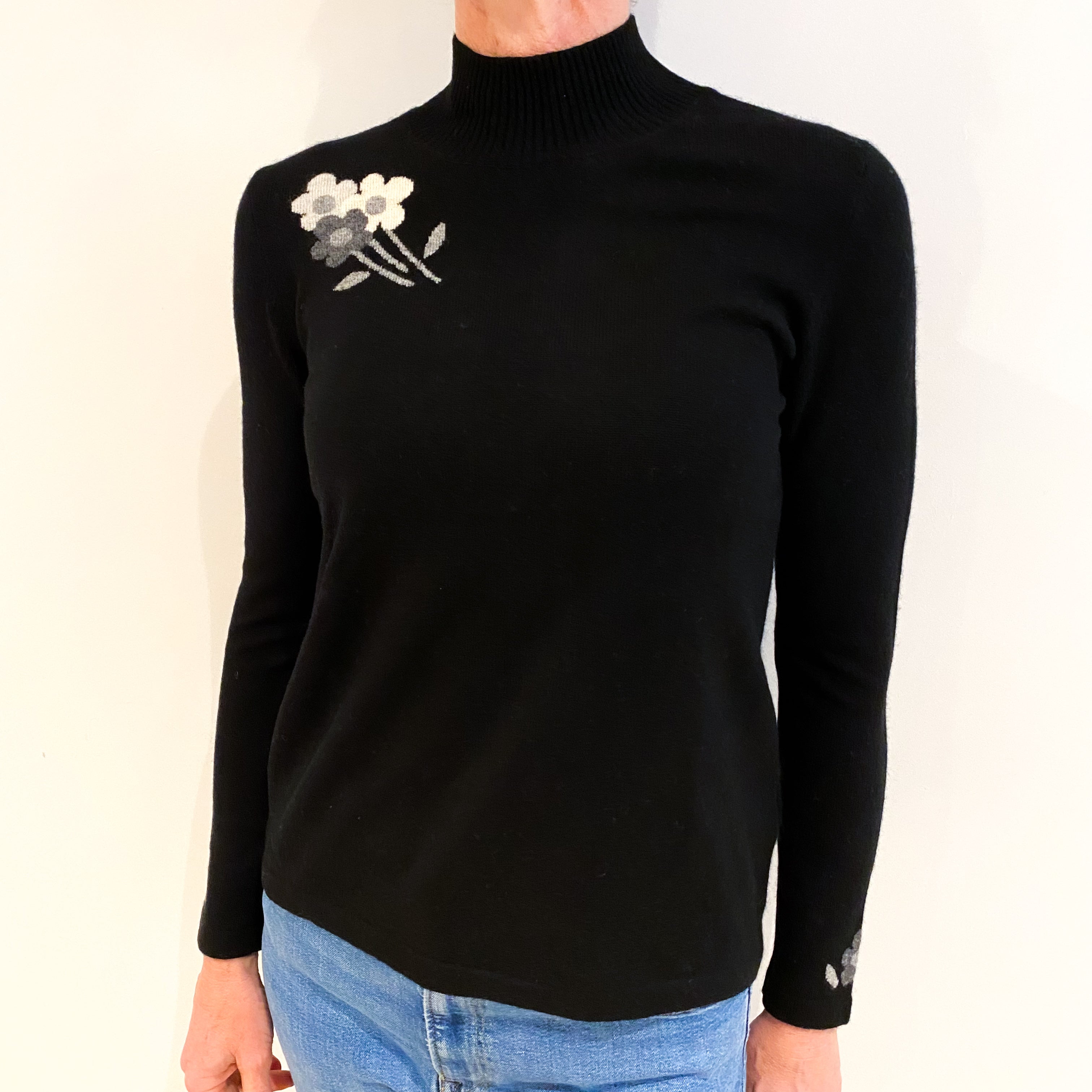 Black With Flower Design Cashmere Turtle Neck Jumper Small