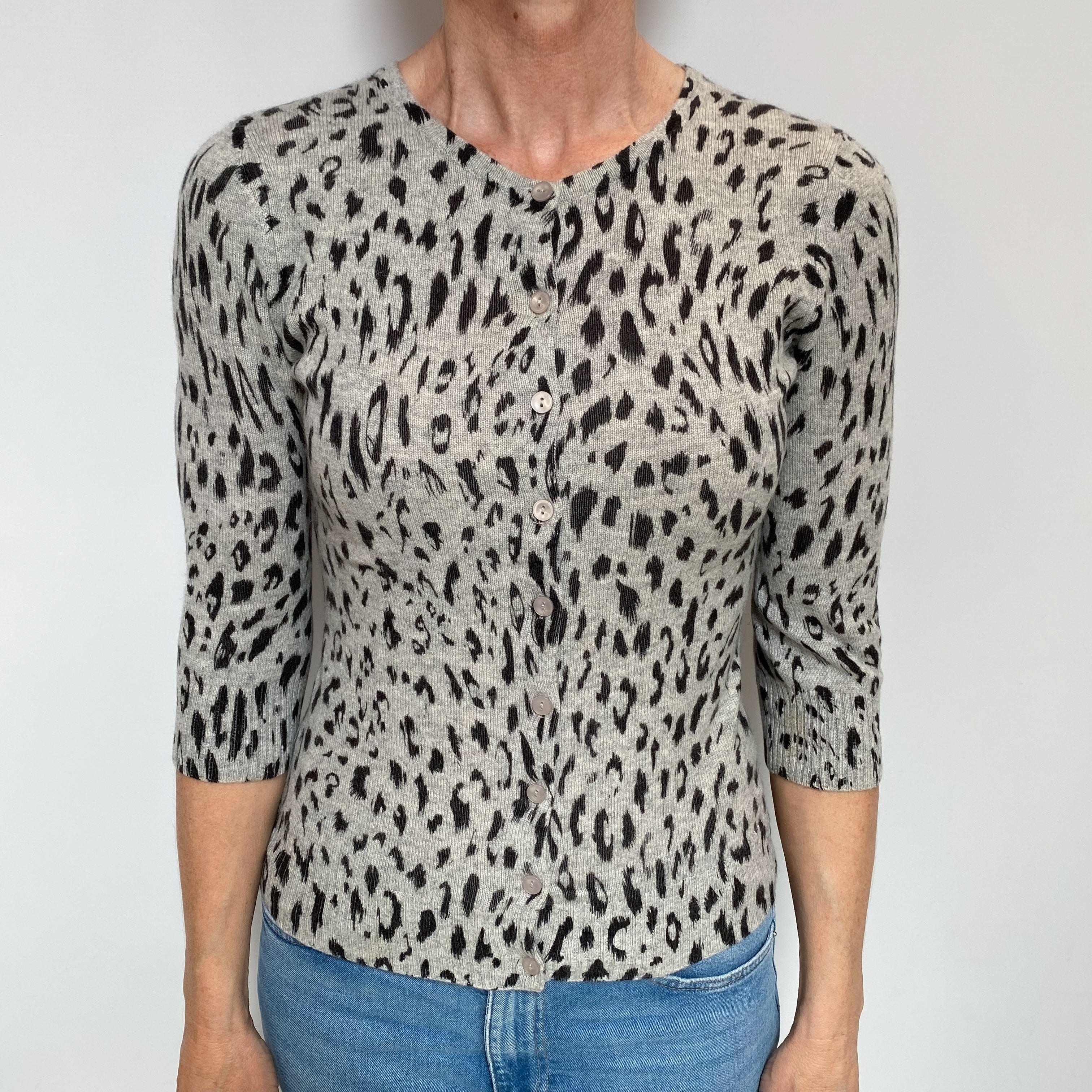 Grey Animal Print Cashmere Crew Neck Cardigan Small