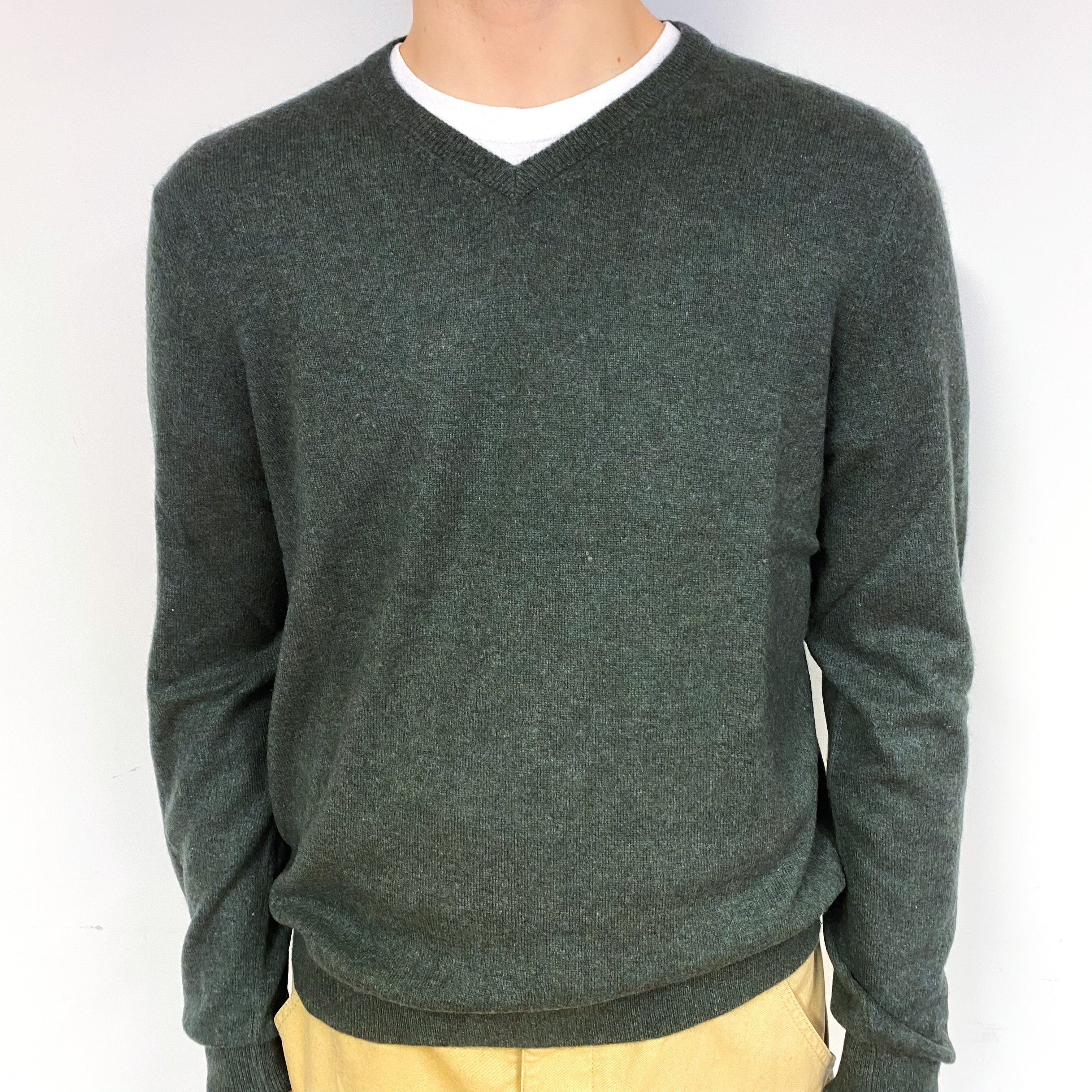 Men's Dark Khaki Green Cashmere V-Neck Jumper Large