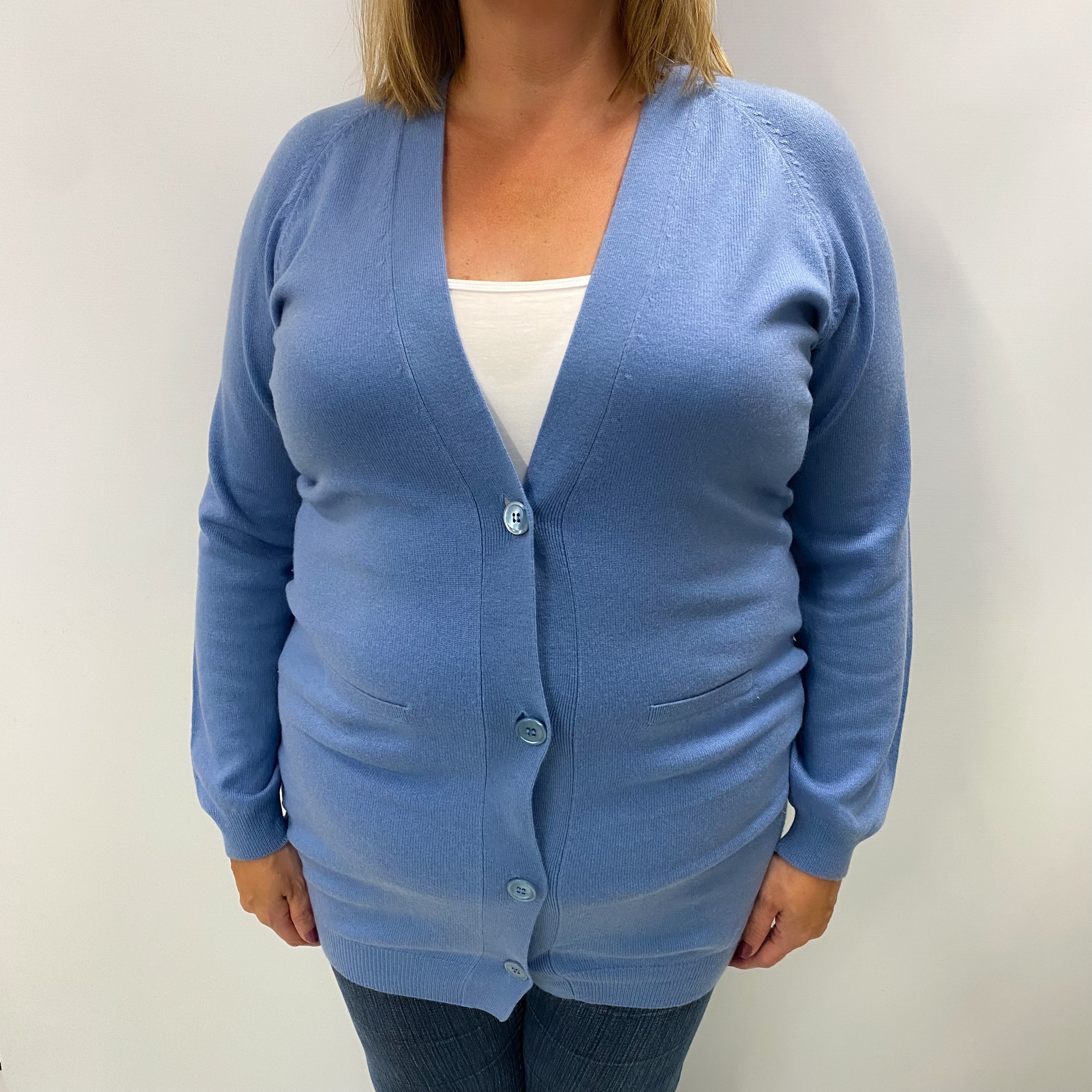 Denim Blue Cashmere V Neck Cardigan Extra Large