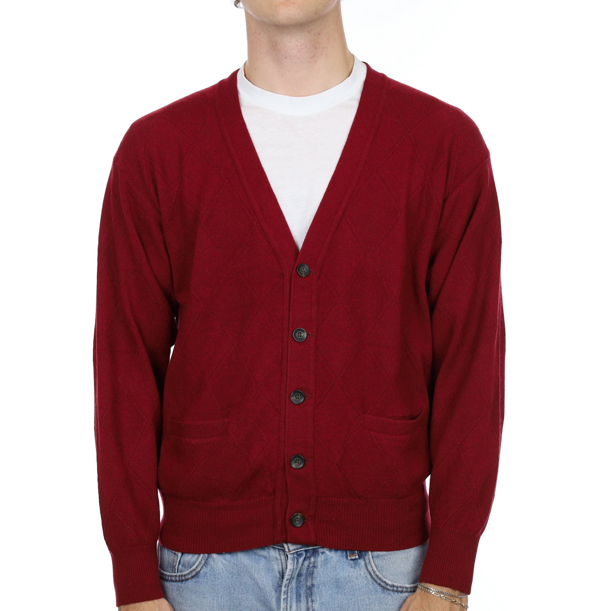 Men's Burgundy Red Cashmere V Neck Cardigan Large