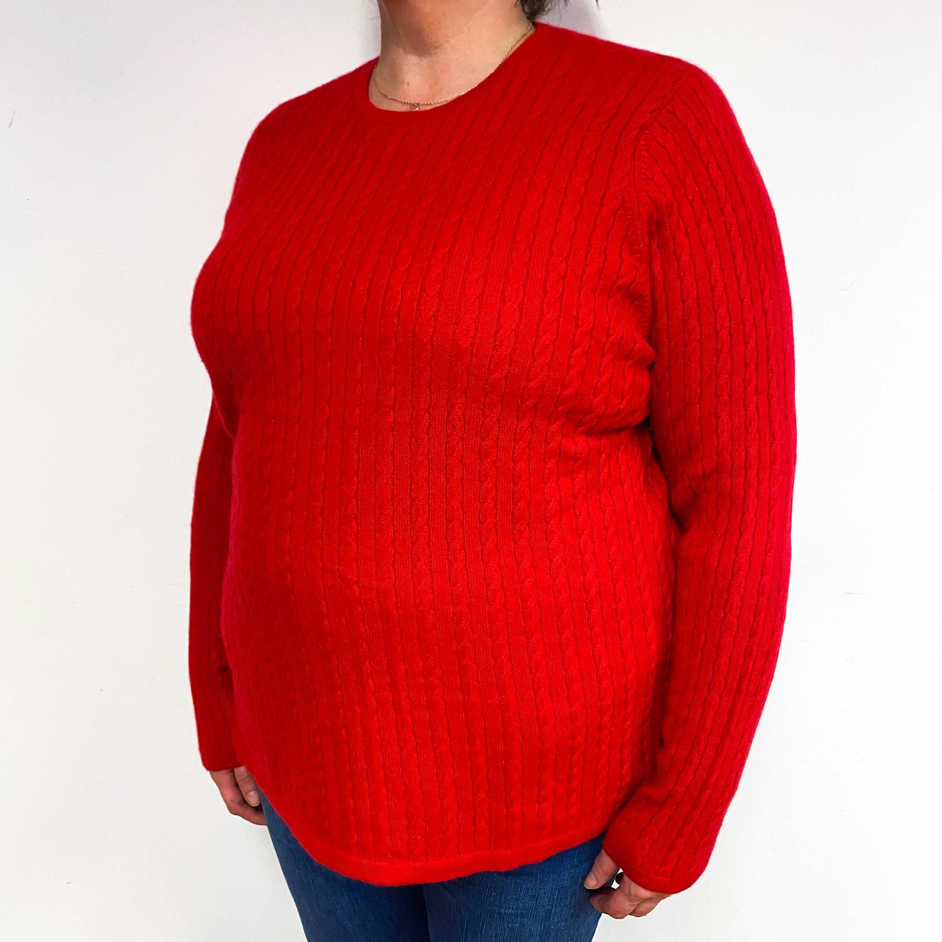 Scarlet Red Cable Cashmere Crew Neck Jumper Extra Extra Large