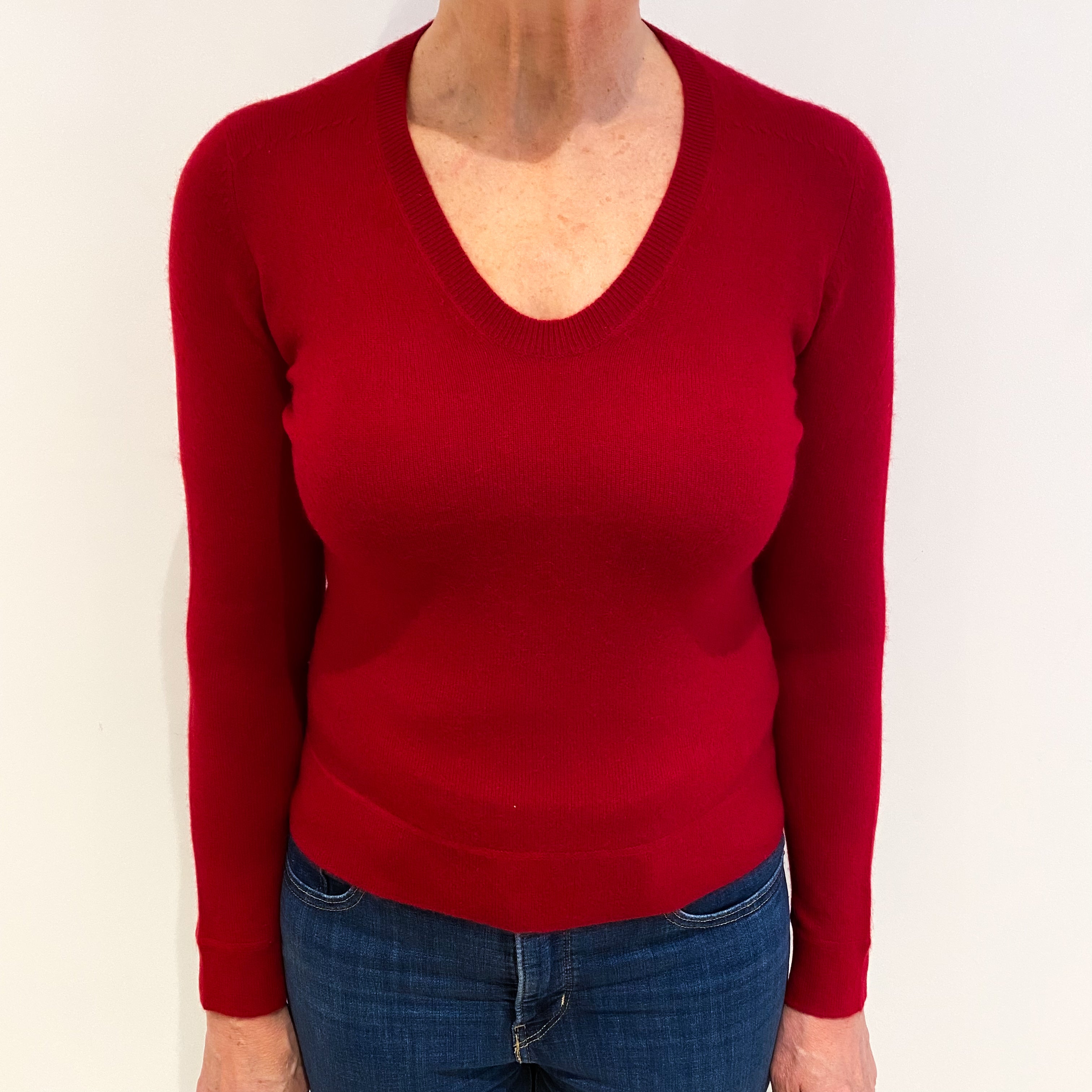 Post Box Red Cashmere V Neck Jumper Medium